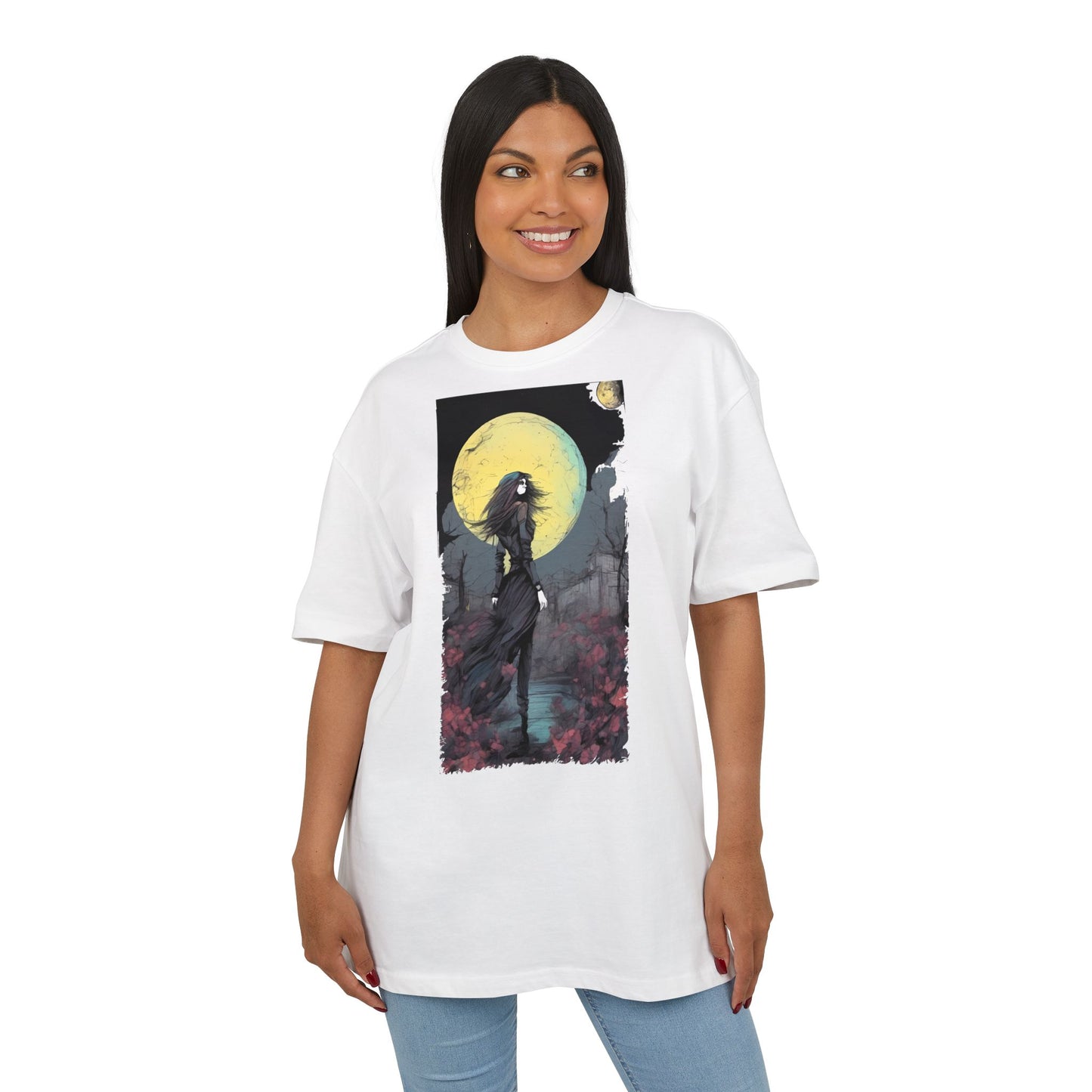 Moonlit Witch Oversize Tee, Cozy Casual Wear, Halloween Outfit, Gothic Style, Gift for Her, Everyday Fashion