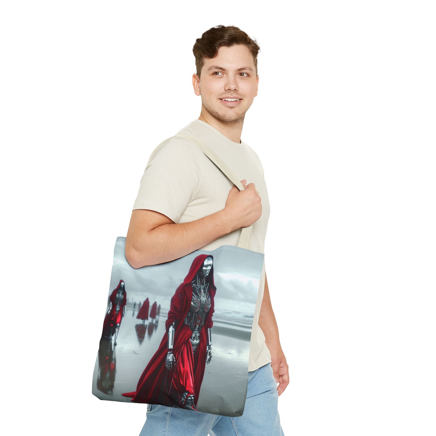 Futuristic Red Hooded Tote Bag, Eco-Friendly Shopping Tote, Stylish Reusable Bag, Perfect for Gifts, Fashion Statement