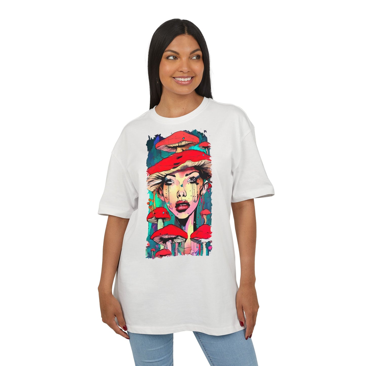 Colorful Art Tee, Unisex Heavy Oversize Tee with Mushroom Design, Casual Wear, Graphic Shirt, Gift for Art Lovers, Streetwear Style