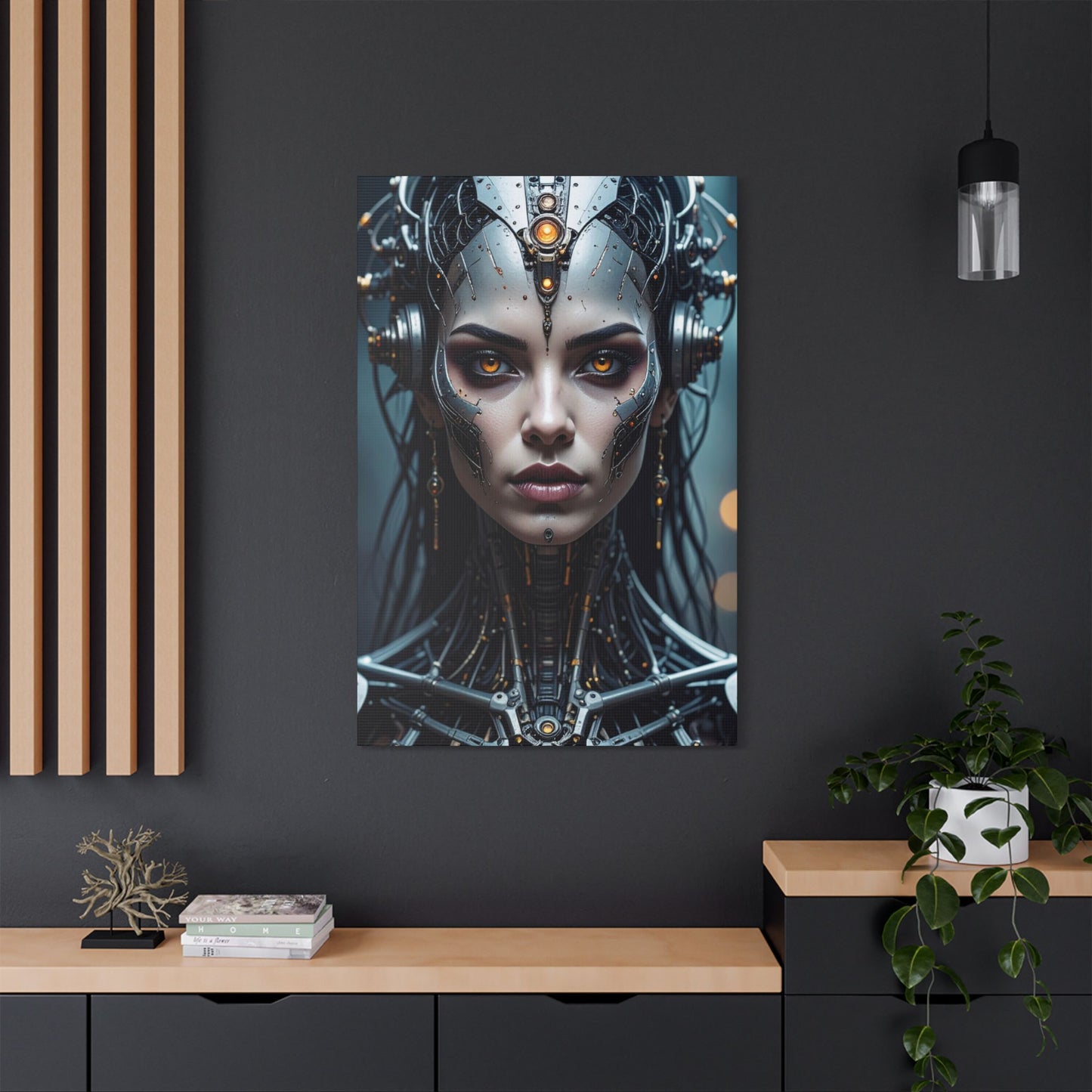 Futuristic Stretched Canvas Art, Cyberpunk Wall Décor, Unique Home Decor, Robot Portrait, Gothic Art Giveaway
