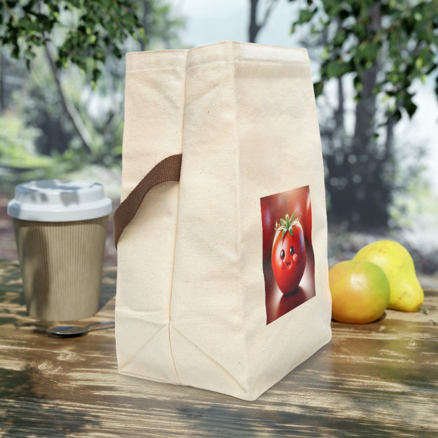 Cheerful Tomato Canvas Lunch Bag with Strap, Cute Lunch Tote, Funny Food Storage, Reusable Snack Bag, Picnic Accessory, Kids Lunch Bag