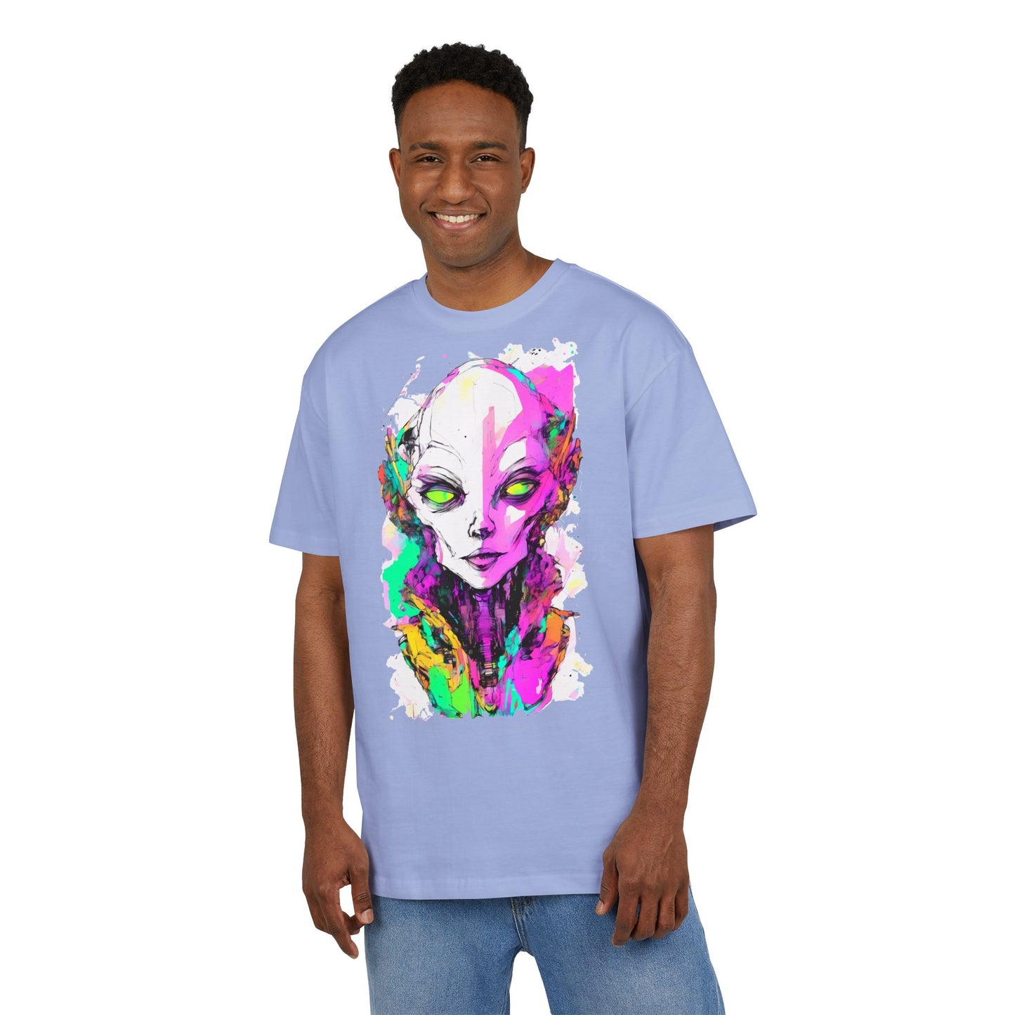 Colorful Alien Graphic Unisex Heavy Oversize Tee | Casual Streetwear, Gift for UFO Enthusiasts, Statement Tee, Festival Wear, Unique Art Tee