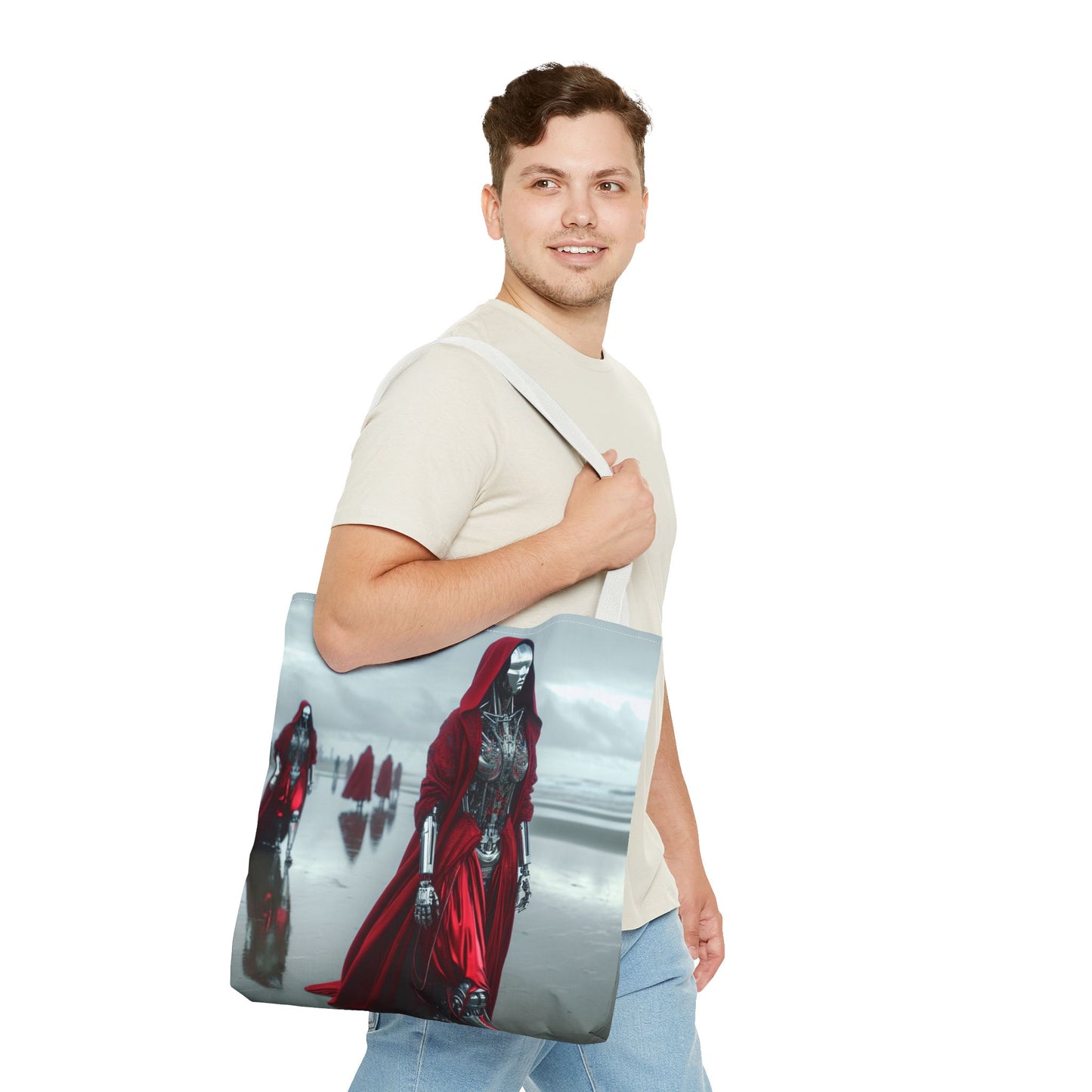 Futuristic Red Hooded Tote Bag, Eco-Friendly Shopping Tote, Stylish Reusable Bag, Perfect for Gifts, Fashion Statement