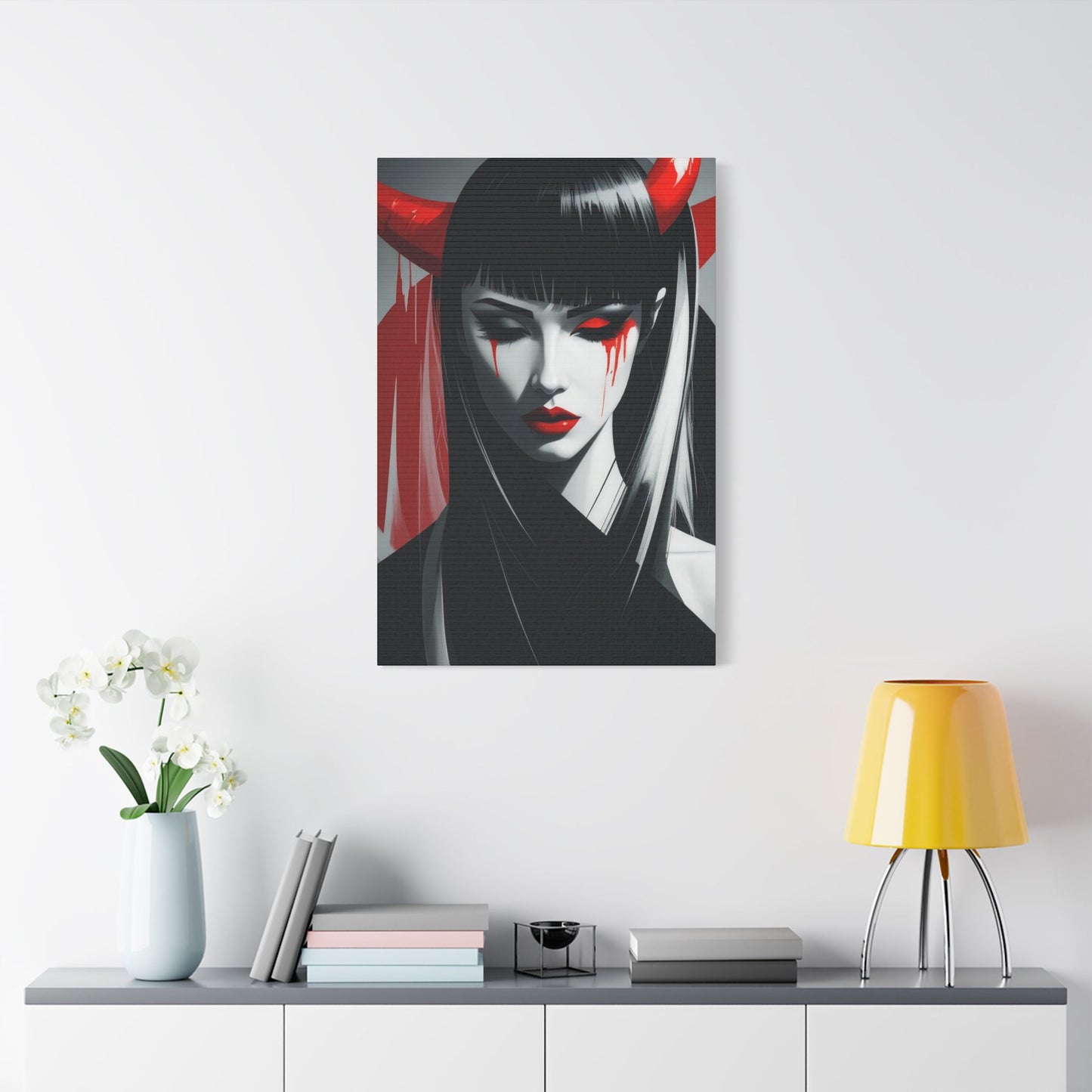 Japanese Art Canvas, Stretched Wall Art, Modern Home Decor, Red and Black Portrait, Unique Gift for Art Lovers, Asian Aesthetic