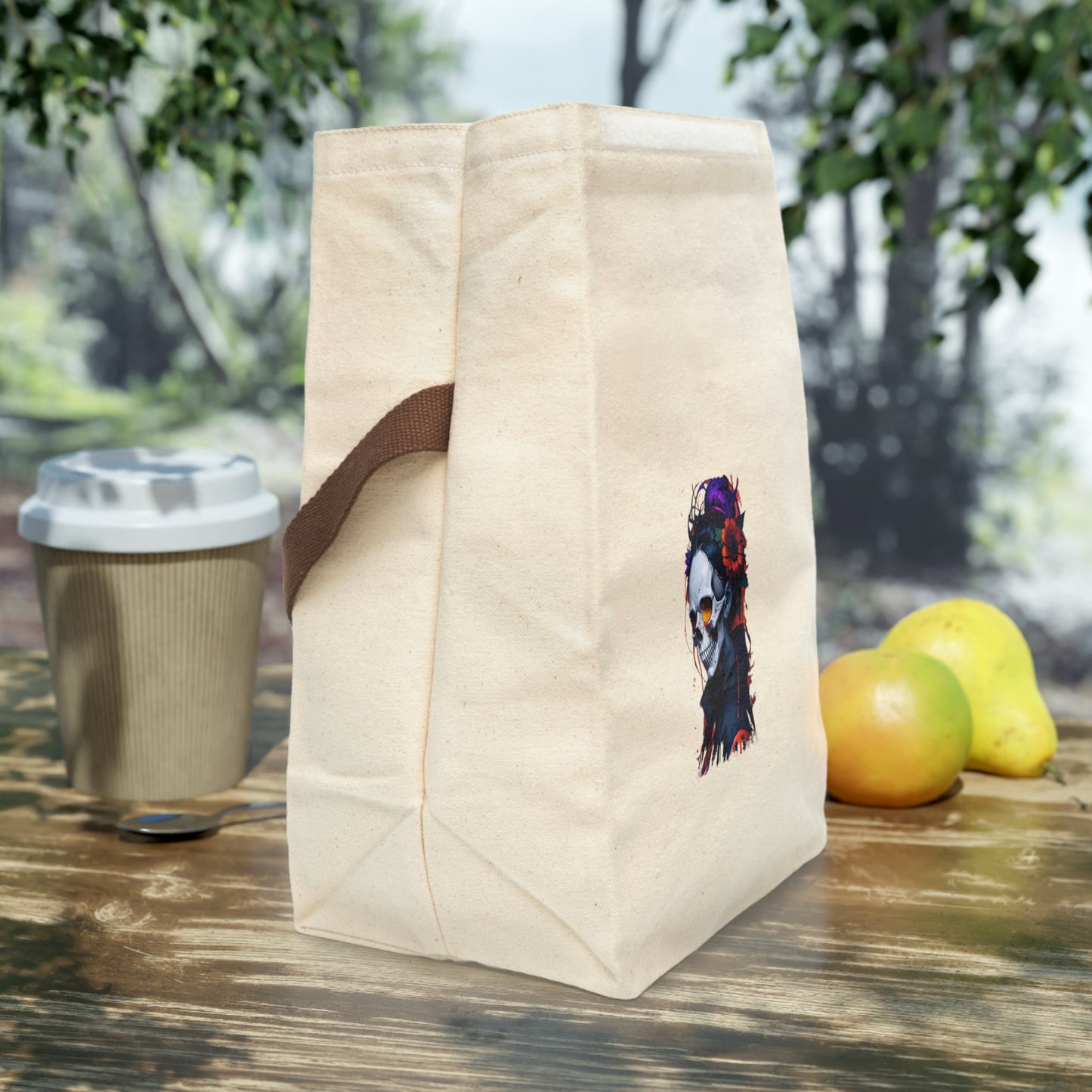 Skull and Flower Canvas Lunch Bag | Eco-Friendly Tote, Gift for Goths, Unique School Bag, Halloween Decor, Reusable Snack Cooler