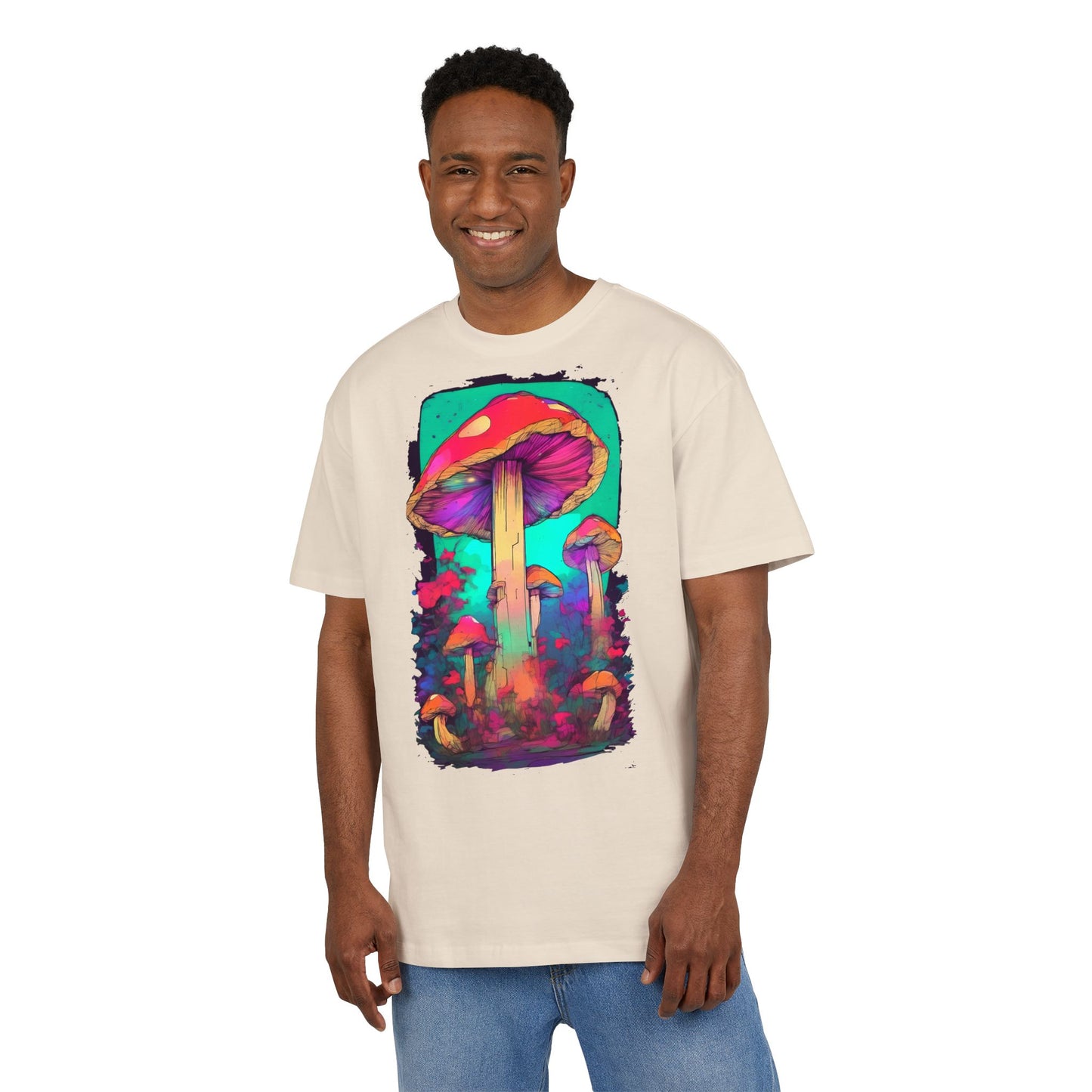 Vibrant Mushroom Art Oversized Tee, Unisex Graphic T-Shirt, Trendy Casual Style, Nature Lover Gift, Festival Clothing, Psychedelic Design