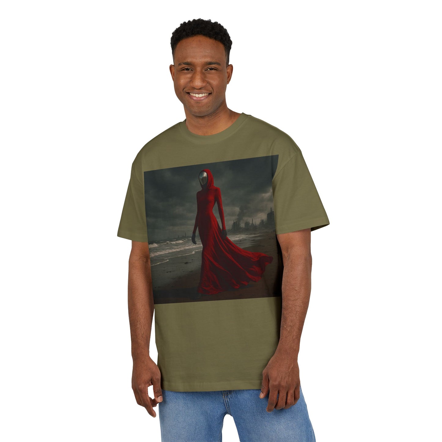 Mystical Red Hooded Tee - Unisex Oversize T-Shirt, Grunge Fashion, Streetwear Style, Gift for Horror Fans, Casual Wear