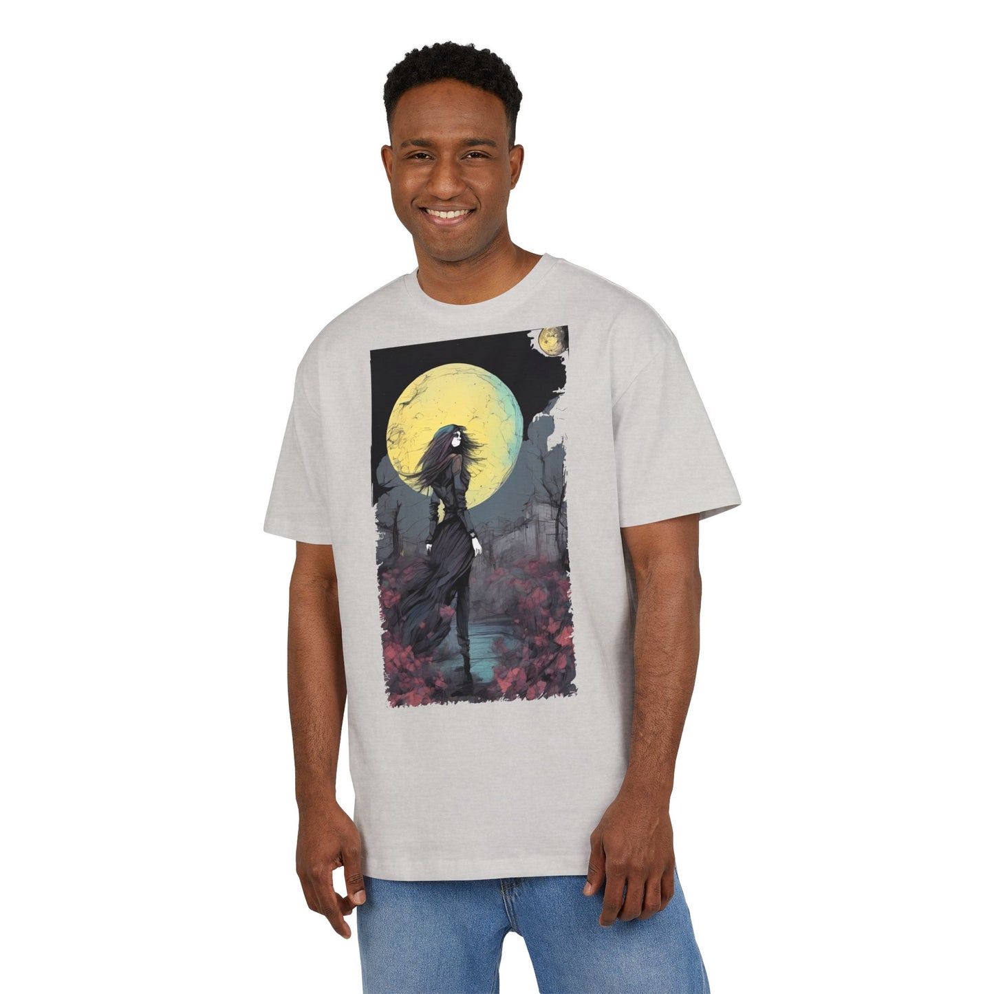 Moonlit Witch Oversize Tee, Cozy Casual Wear, Halloween Outfit, Gothic Style, Gift for Her, Everyday Fashion