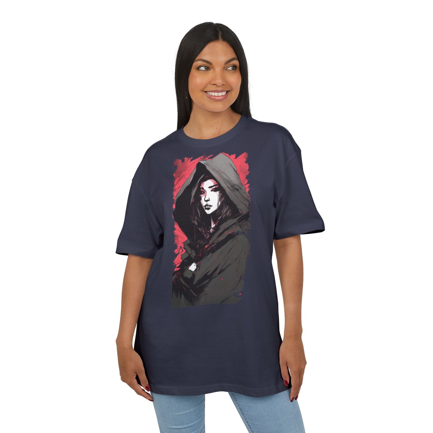 Artistic Oversize Tee with Hooded Character Design, Unisex Streetwear, Graphic Tee, Casual Wear, Unique Gift, Fashion Statement