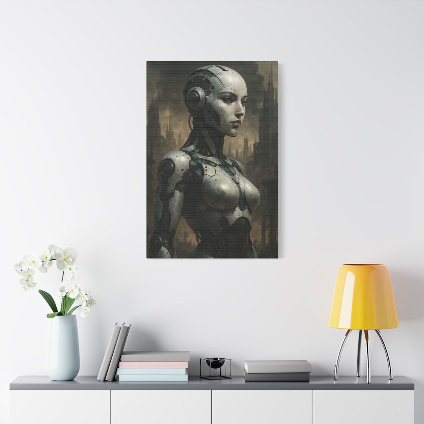 Futuristic Robot Canvas Art, Stretched Painting, Wall Decor for Tech Lovers, Sci-Fi Home Office, Unique Gift Idea, AI Artwork