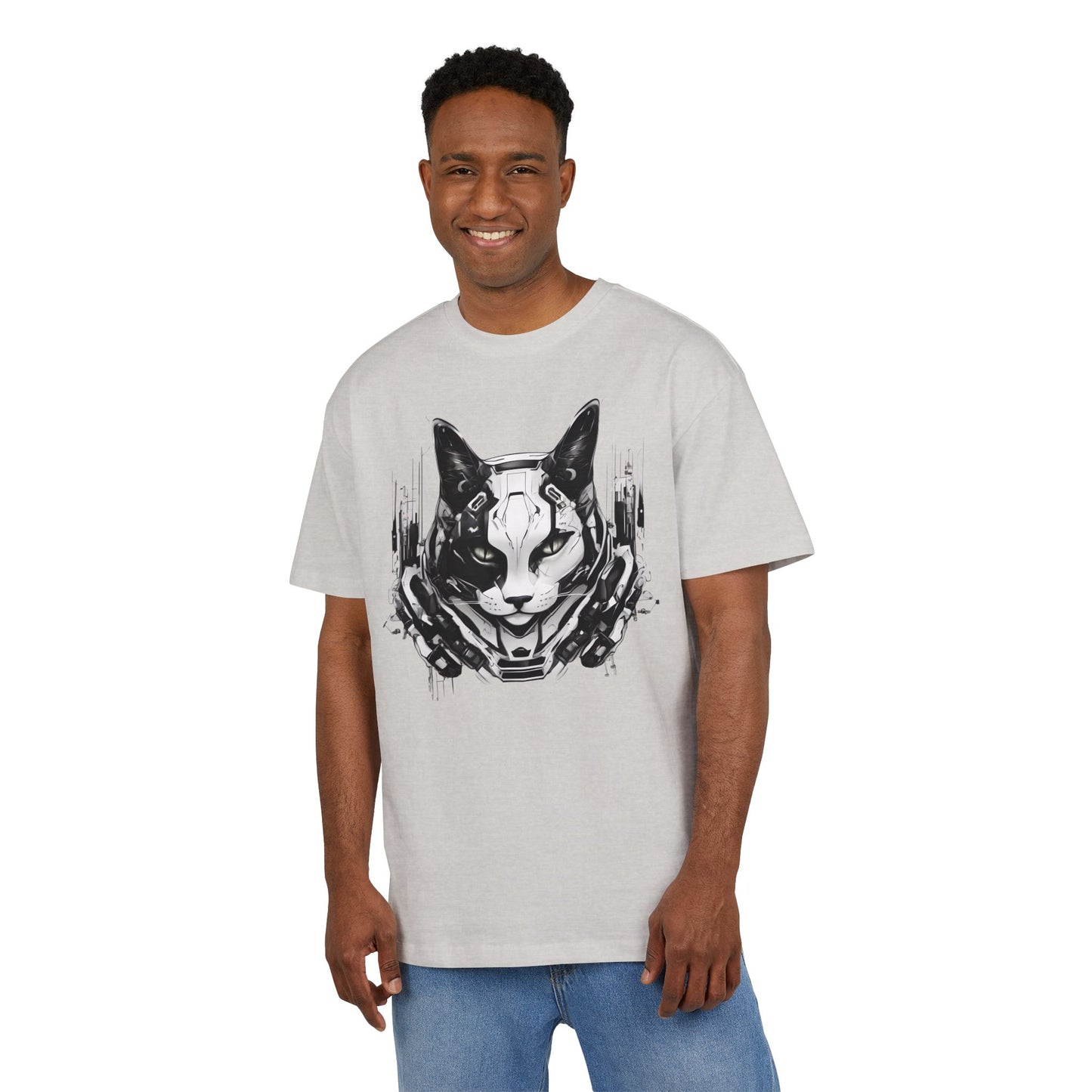 Cyber Cat Graphic Tee - Unisex Oversized T-Shirt, Cool Streetwear, Gift for Cat Lovers, Futuristic Design, Casual Everyday Wear