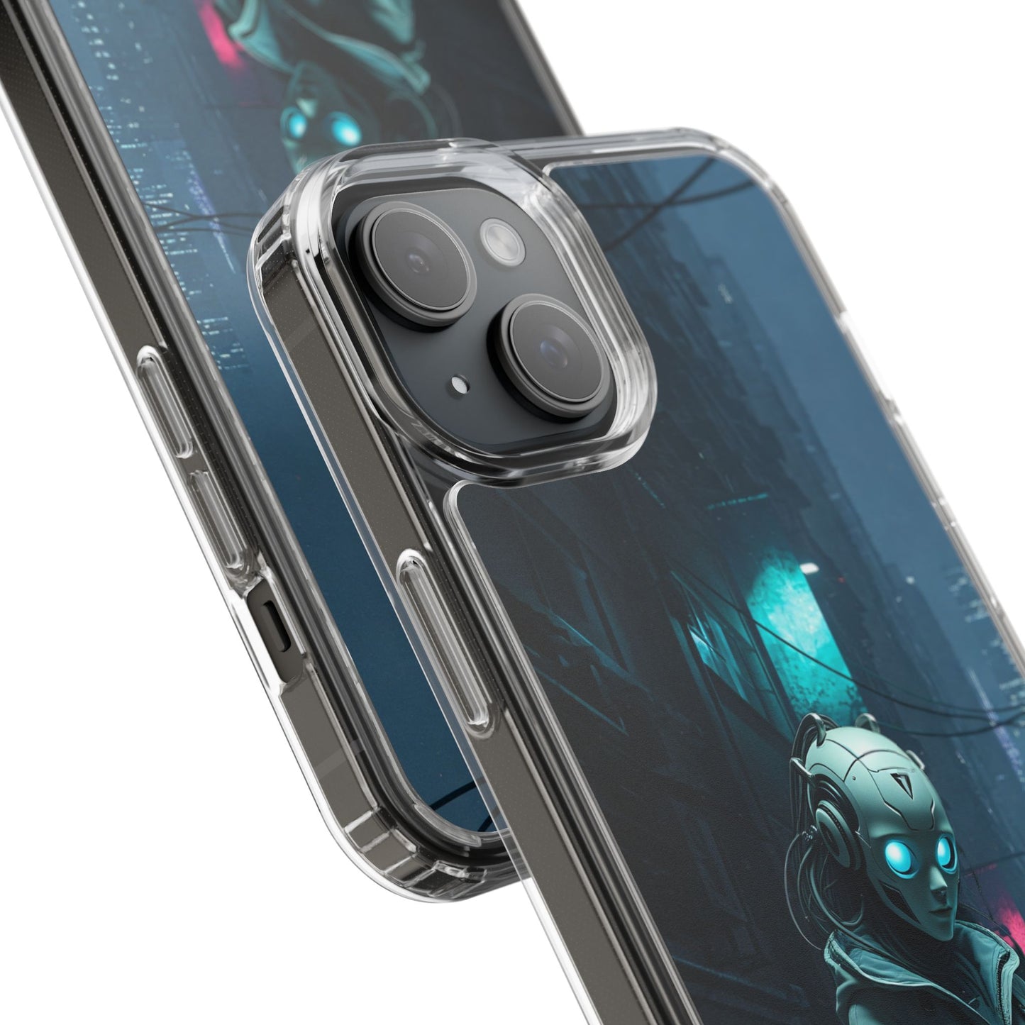 Futuristic Clear Phone Case with Neon City Design