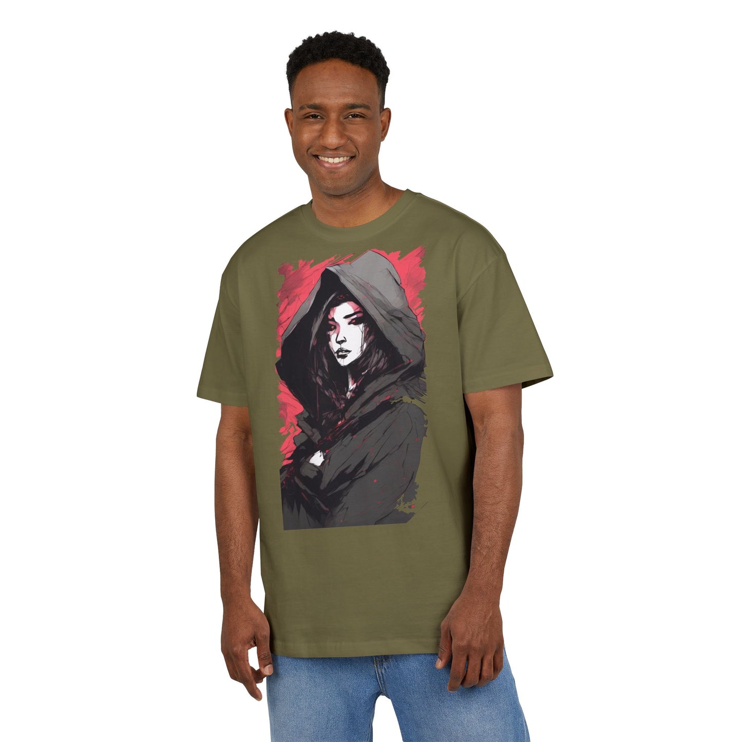 Artistic Oversize Tee with Hooded Character Design, Unisex Streetwear, Graphic Tee, Casual Wear, Unique Gift, Fashion Statement