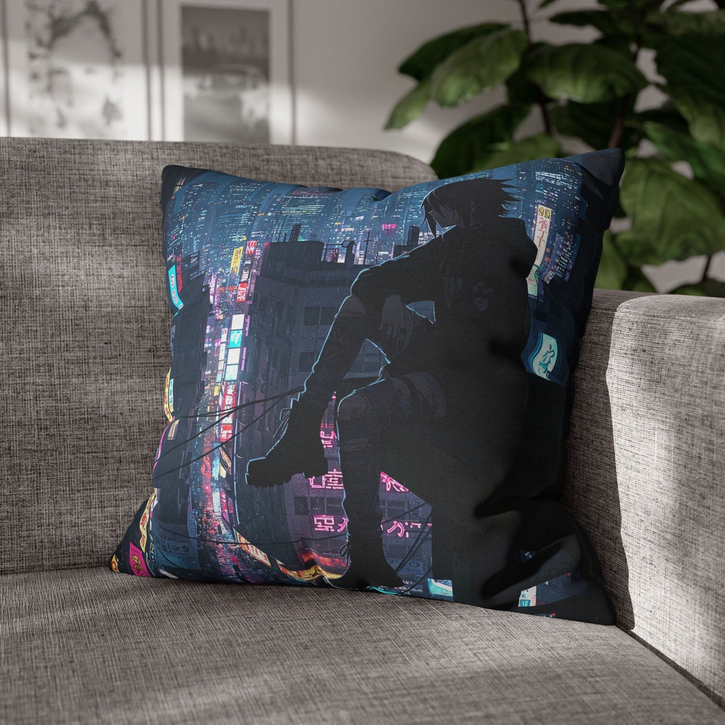 Anime-Inspired Urban Pillowcase, Cozy Home Decor, Nerdy Gift, Bedroom Accent, Cyberpunk Decor, Manga Lover Gift