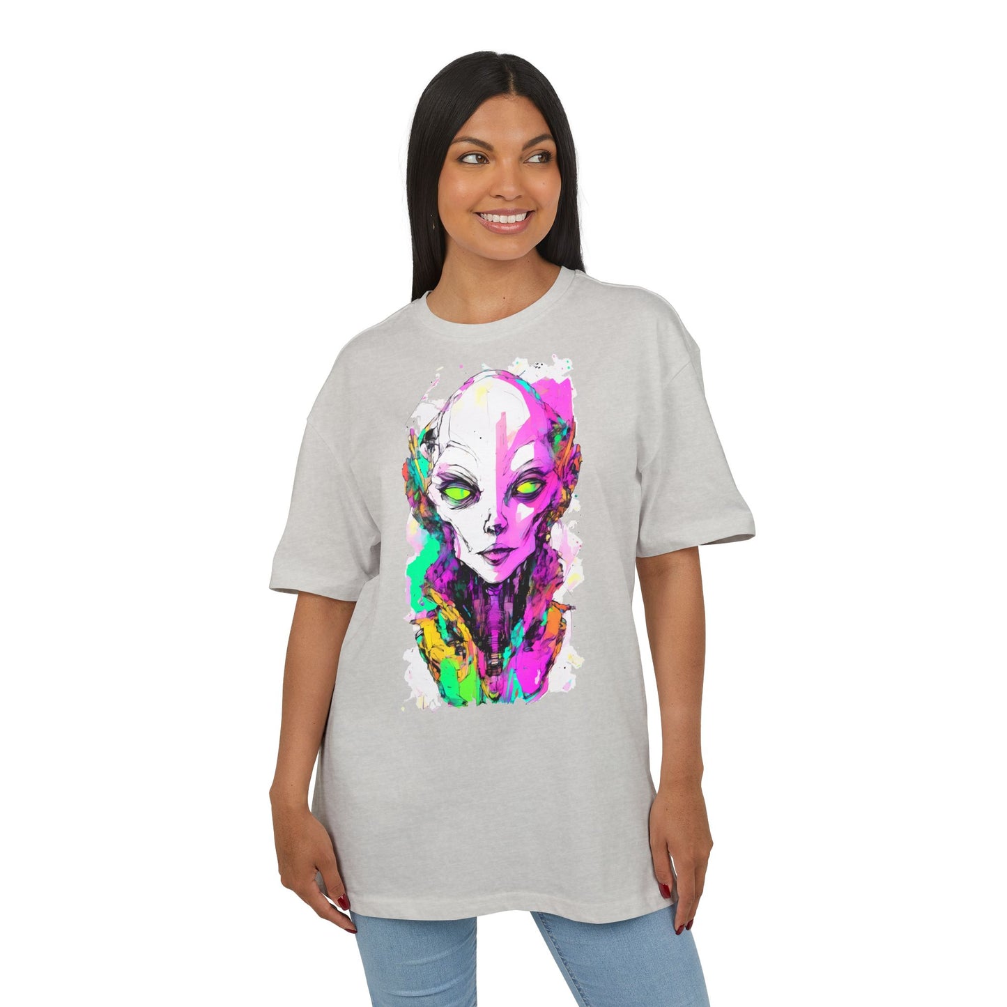Colorful Alien Graphic Unisex Heavy Oversize Tee | Casual Streetwear, Gift for UFO Enthusiasts, Statement Tee, Festival Wear, Unique Art Tee
