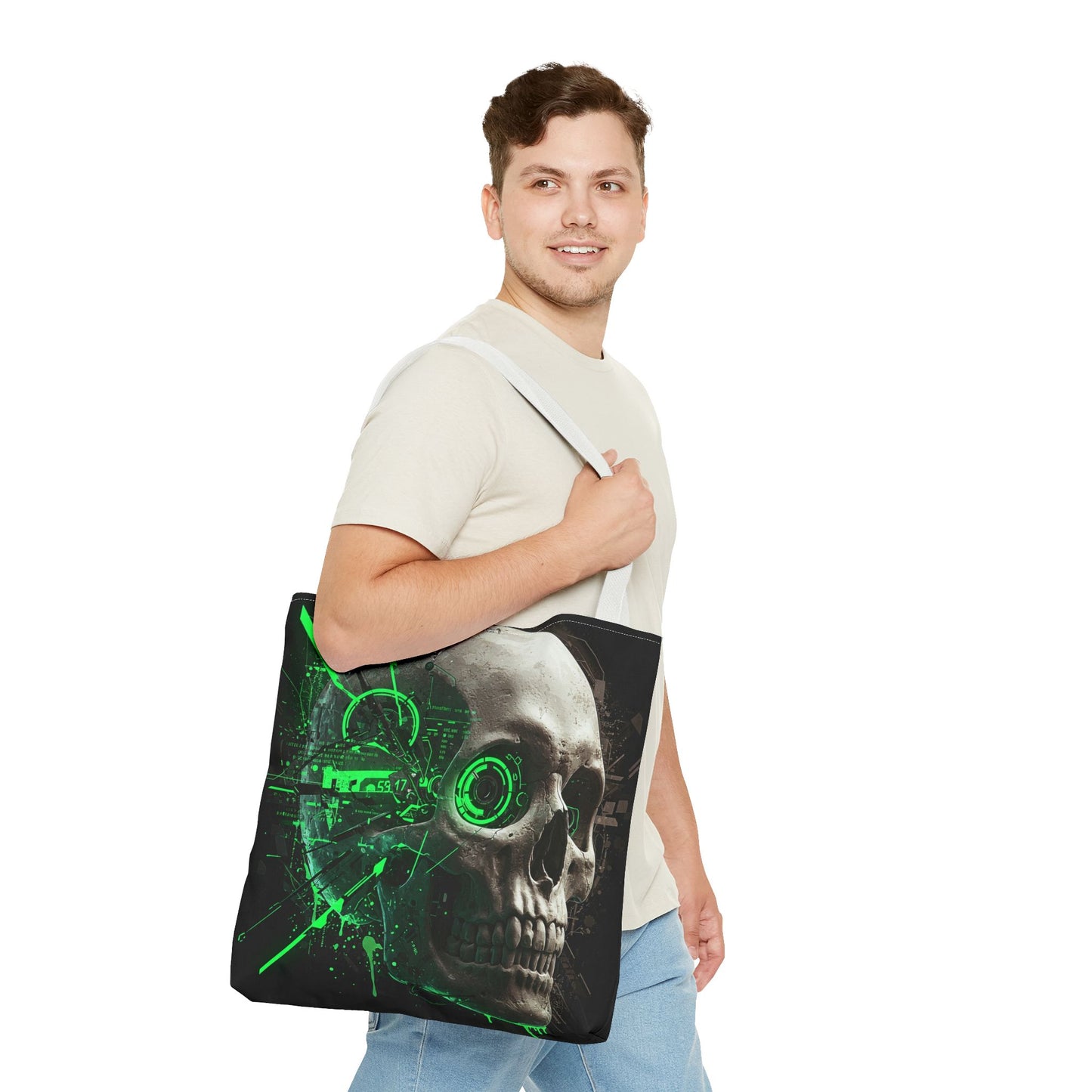 Gothic Skull Tote Bag, AOP Eco-Friendly Reusable Shopper, Dark Aesthetic Gift, Halloween, Cyberpunk Accessories, Stylish Everyday Carry