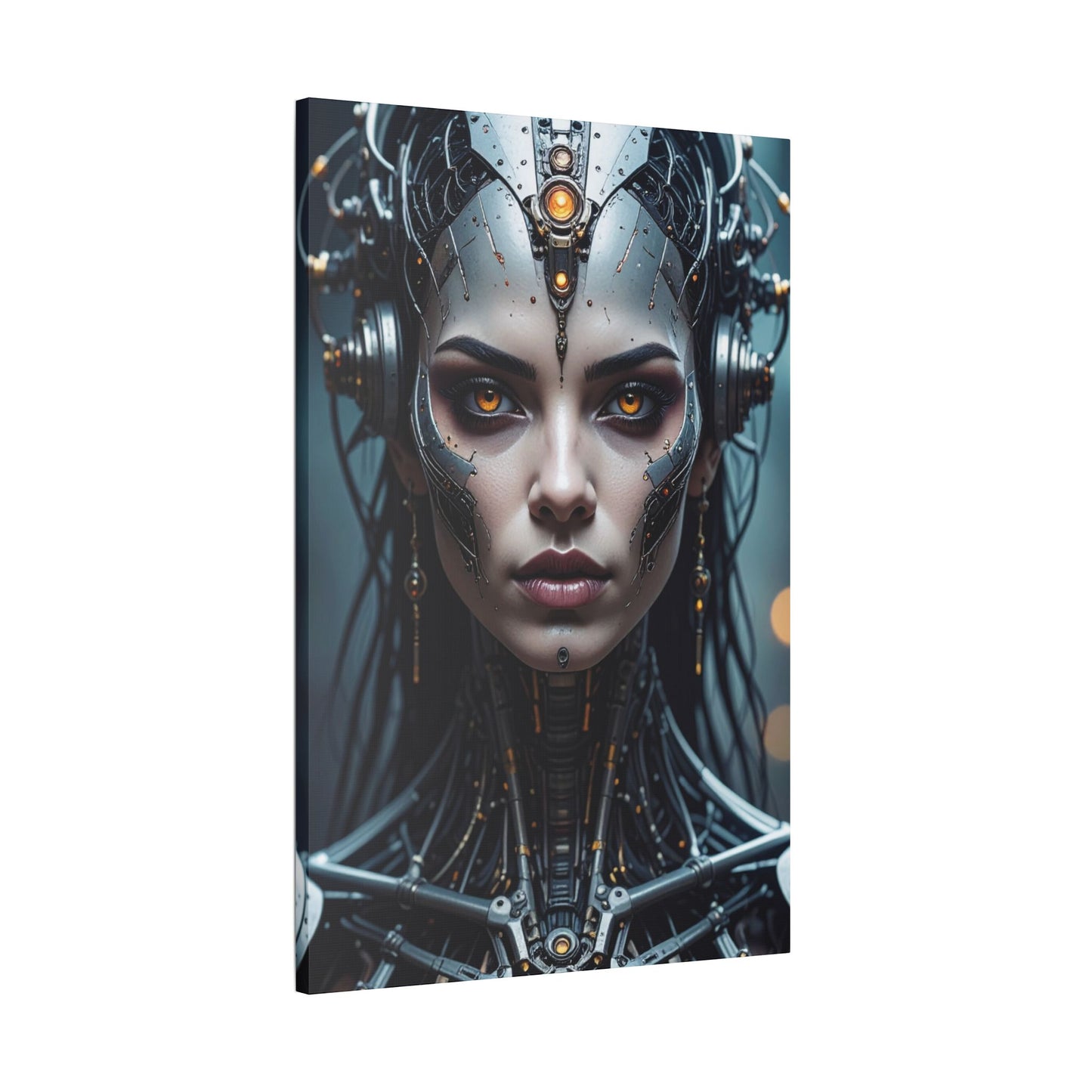 Futuristic Stretched Canvas Art, Cyberpunk Wall Décor, Unique Home Decor, Robot Portrait, Gothic Art Giveaway