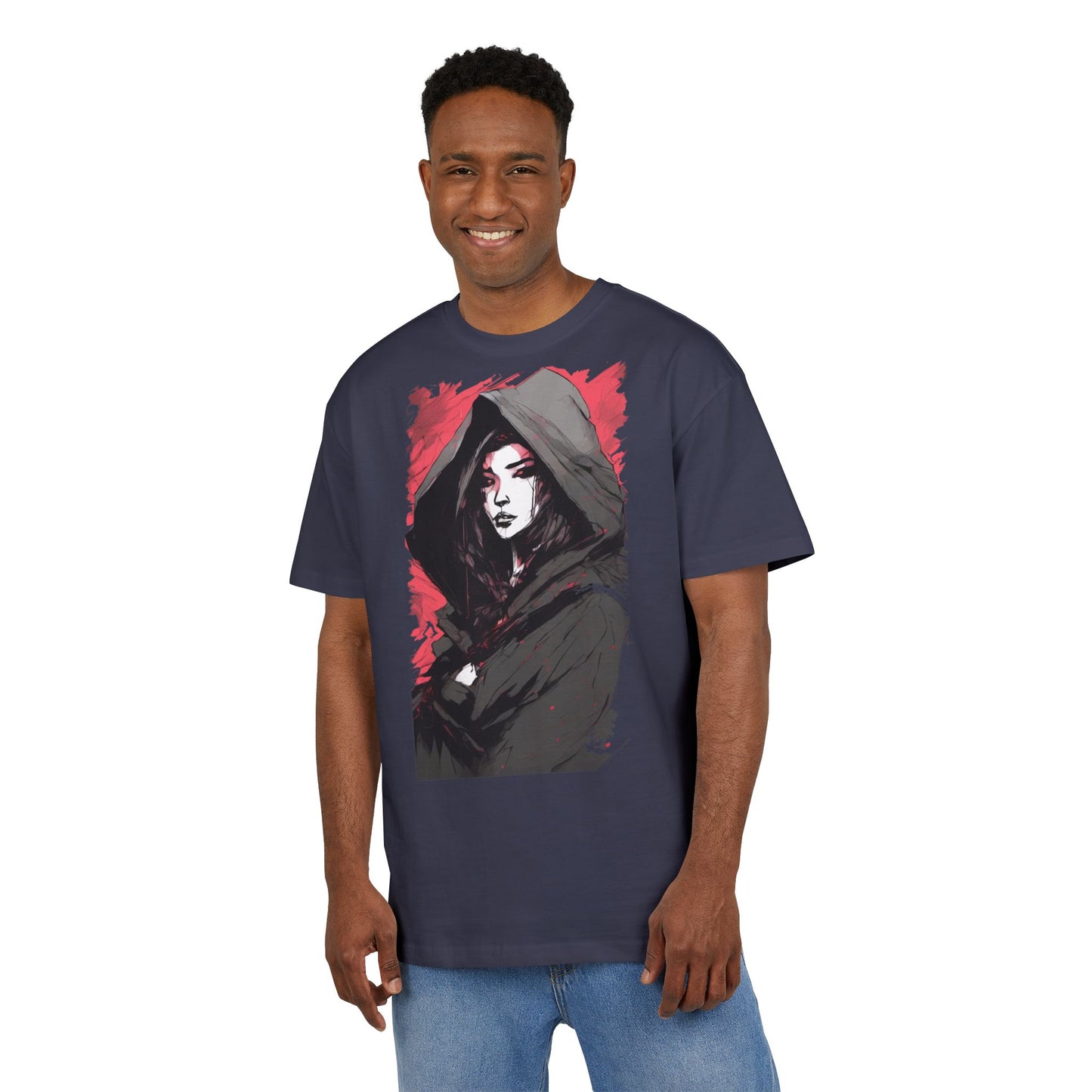 Artistic Oversize Tee with Hooded Character Design, Unisex Streetwear, Graphic Tee, Casual Wear, Unique Gift, Fashion Statement