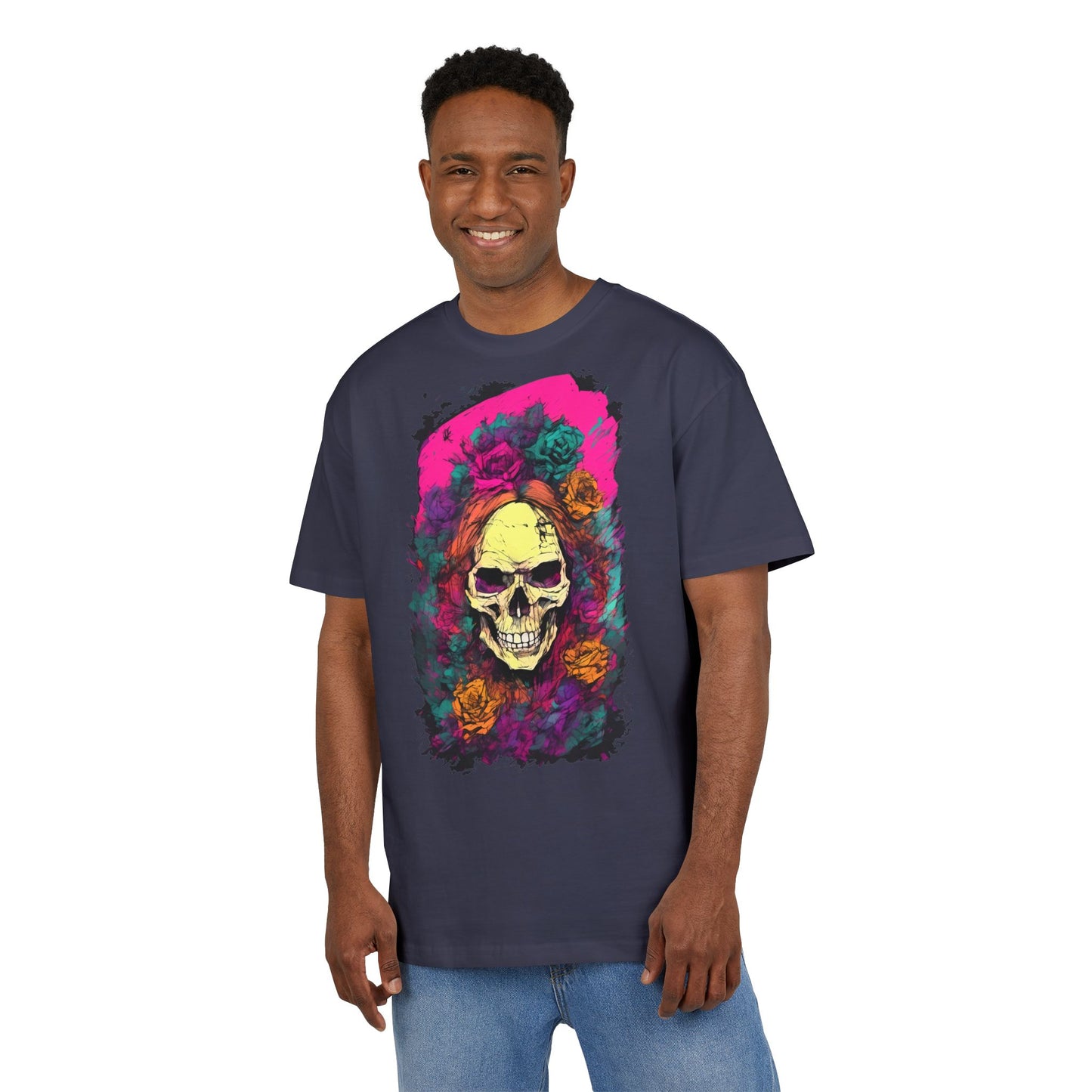 Skull Floral Oversize Tee - Graphic T-Shirt for Halloween, Festival Wear, Unisex Casual, Unique Gift