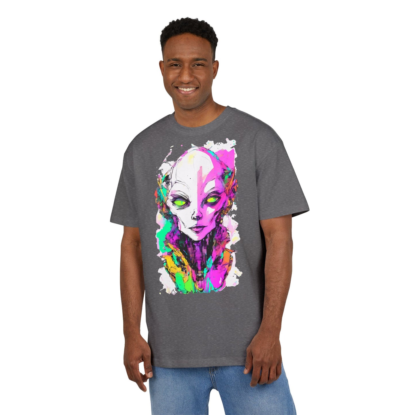 Colorful Alien Graphic Unisex Heavy Oversize Tee | Casual Streetwear, Gift for UFO Enthusiasts, Statement Tee, Festival Wear, Unique Art Tee
