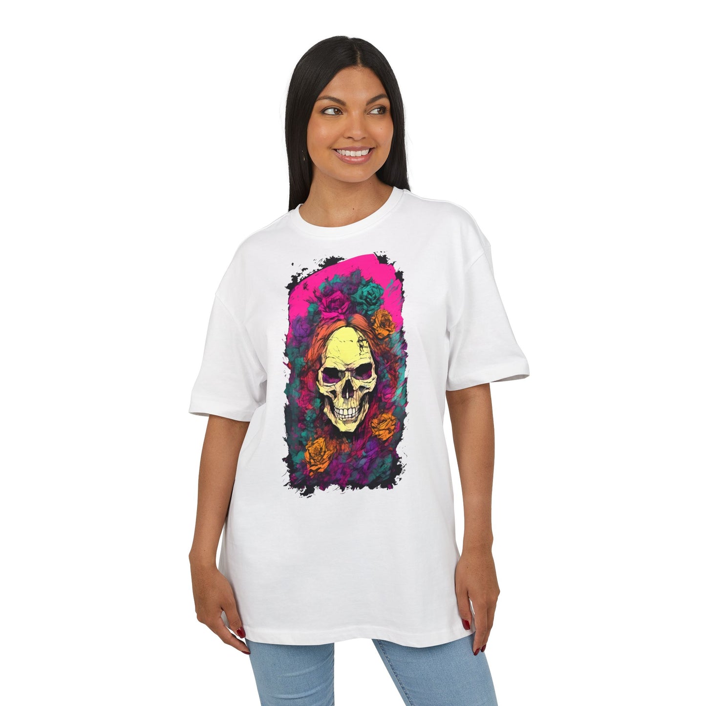 Skull Floral Oversize Tee - Graphic T-Shirt for Halloween, Festival Wear, Unisex Casual, Unique Gift