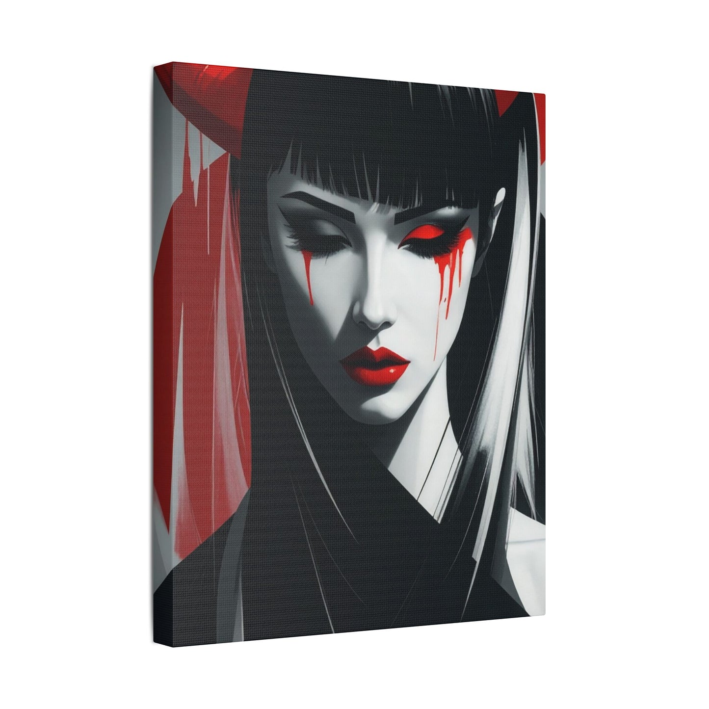Japanese Art Canvas, Stretched Wall Art, Modern Home Decor, Red and Black Portrait, Unique Gift for Art Lovers, Asian Aesthetic