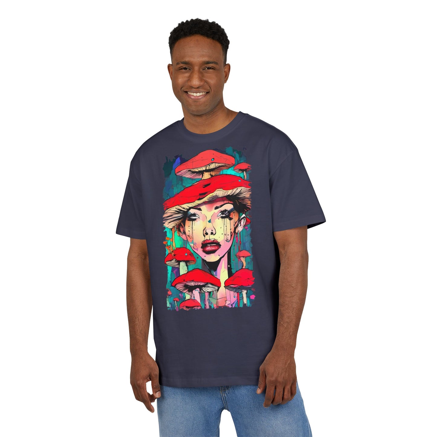 Colorful Art Tee, Unisex Heavy Oversize Tee with Mushroom Design, Casual Wear, Graphic Shirt, Gift for Art Lovers, Streetwear Style