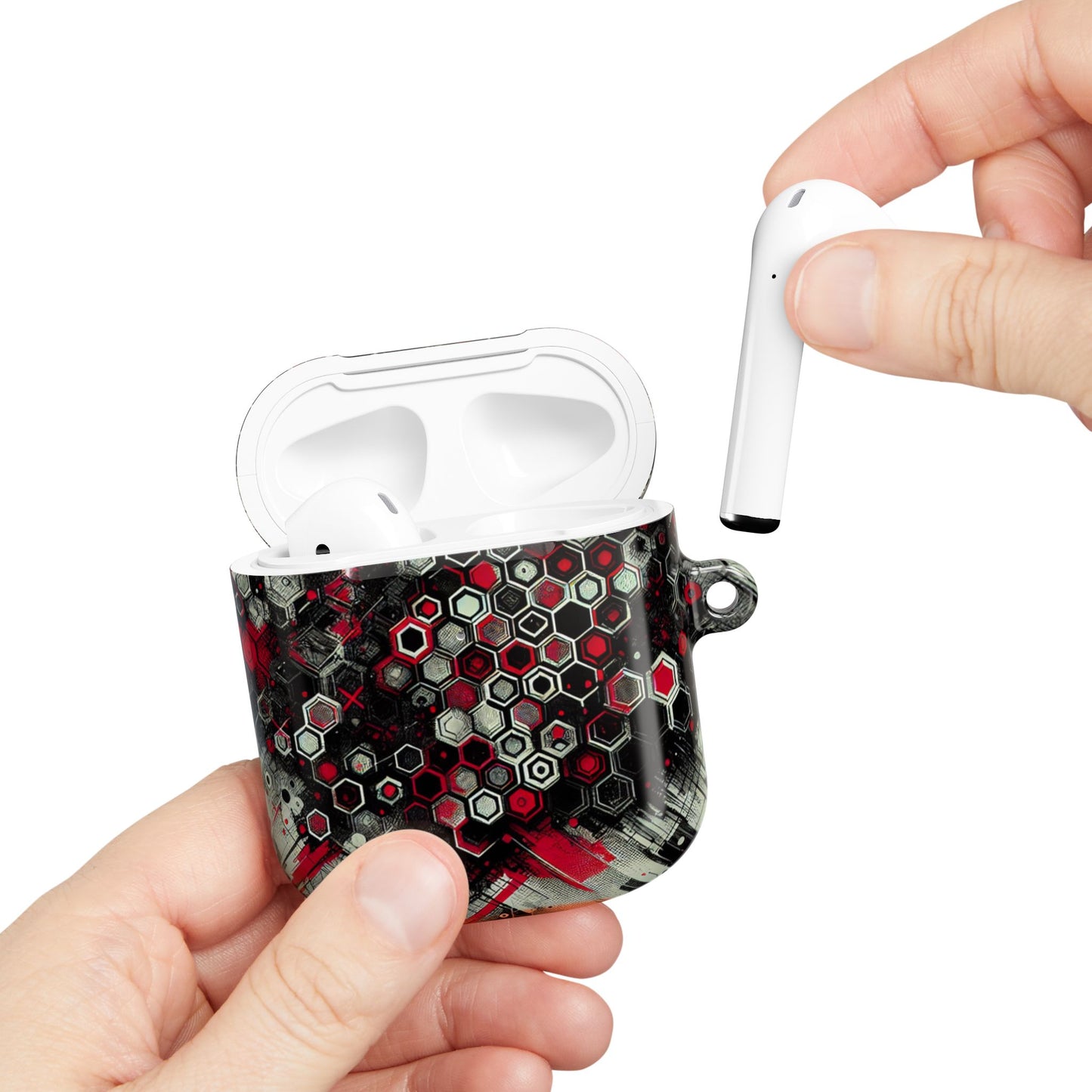 Hexagonal Red & Black AirPod Case | Trendy Tech Accessory, Unique Gifts for Music Lovers, Stylish Earbud Protection