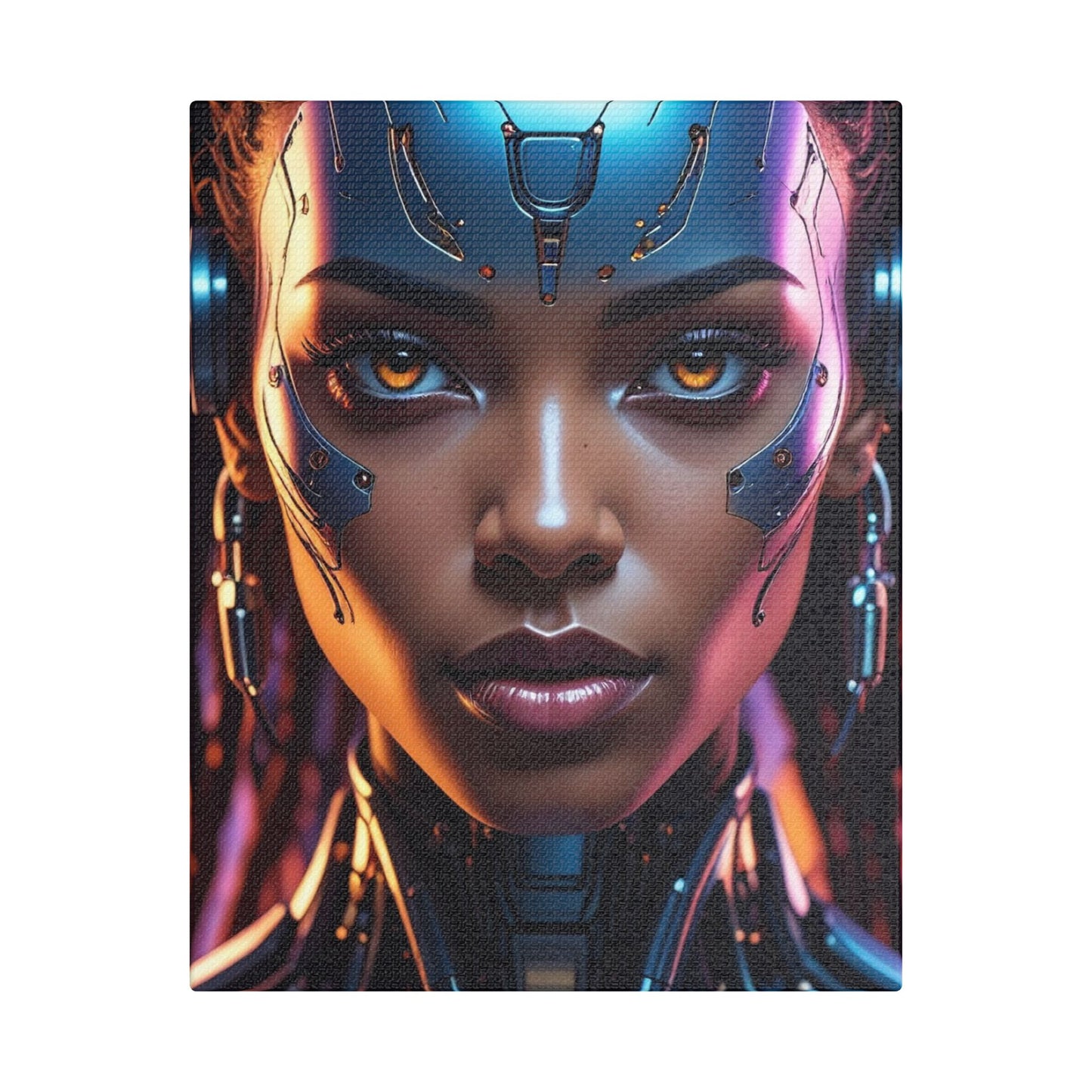 Satin Canvas Wall Art, Futuristic Female Portrait, Sci-Fi Decor, Cyberpunk Artwork, Geek Home Decor, Gift for Tech Lovers