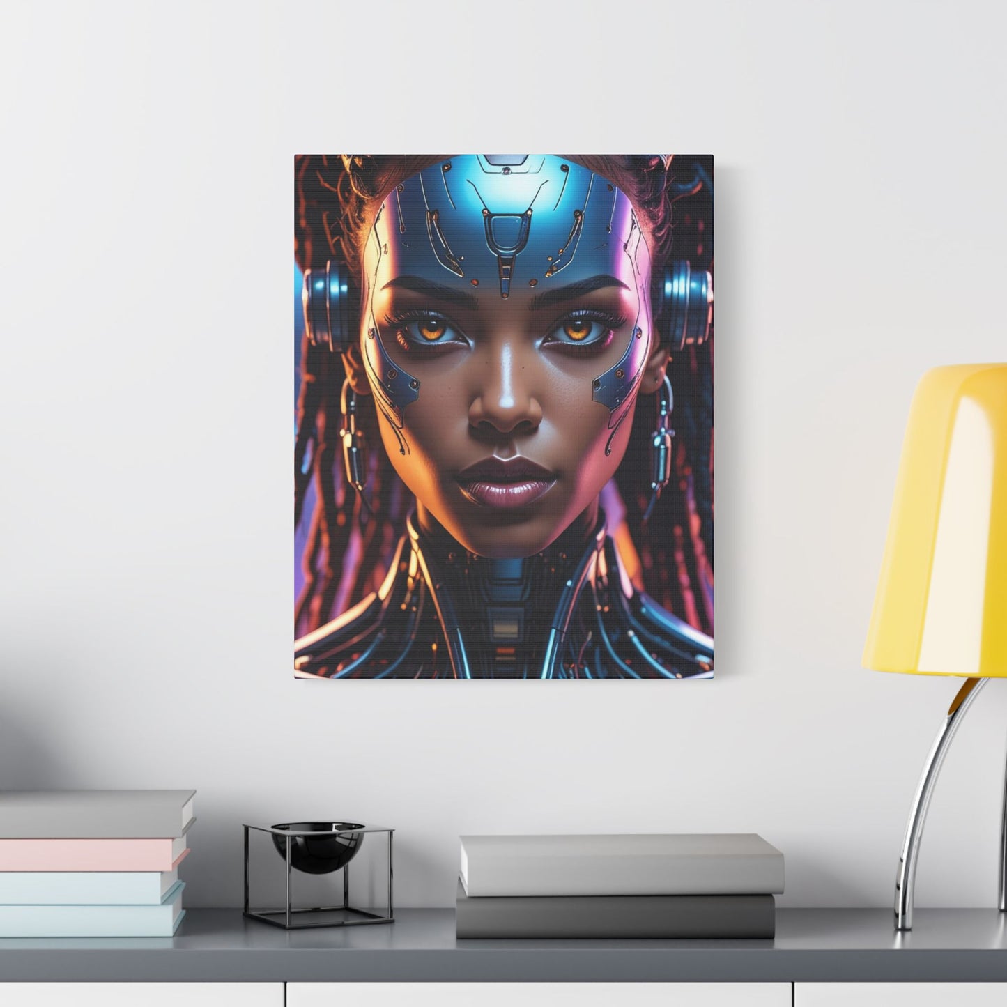 Satin Canvas Wall Art, Futuristic Female Portrait, Sci-Fi Decor, Cyberpunk Artwork, Geek Home Decor, Gift for Tech Lovers