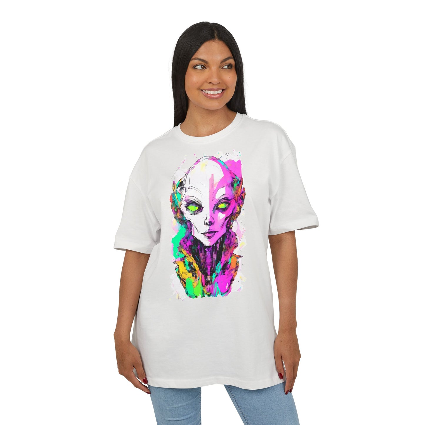 Colorful Alien Graphic Unisex Heavy Oversize Tee | Casual Streetwear, Gift for UFO Enthusiasts, Statement Tee, Festival Wear, Unique Art Tee