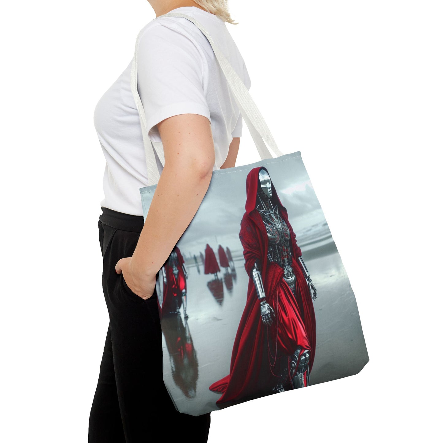Futuristic Red Hooded Tote Bag, Eco-Friendly Shopping Tote, Stylish Reusable Bag, Perfect for Gifts, Fashion Statement