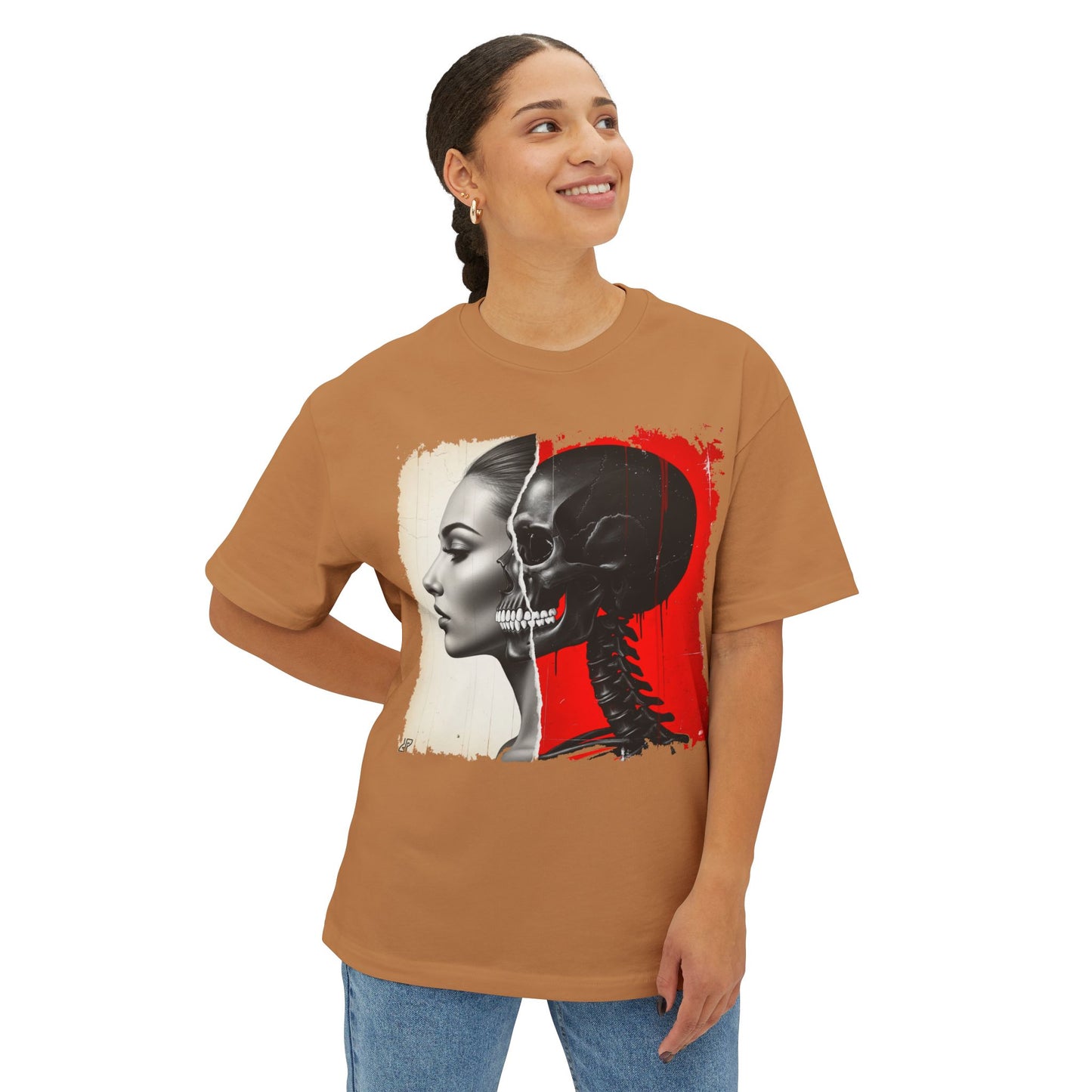 Artistic Unisex Oversized Tee - Skeleton & Profile Design, Graphic Tee for Casual Style, Unique Gift for Art Lovers, Streetwear