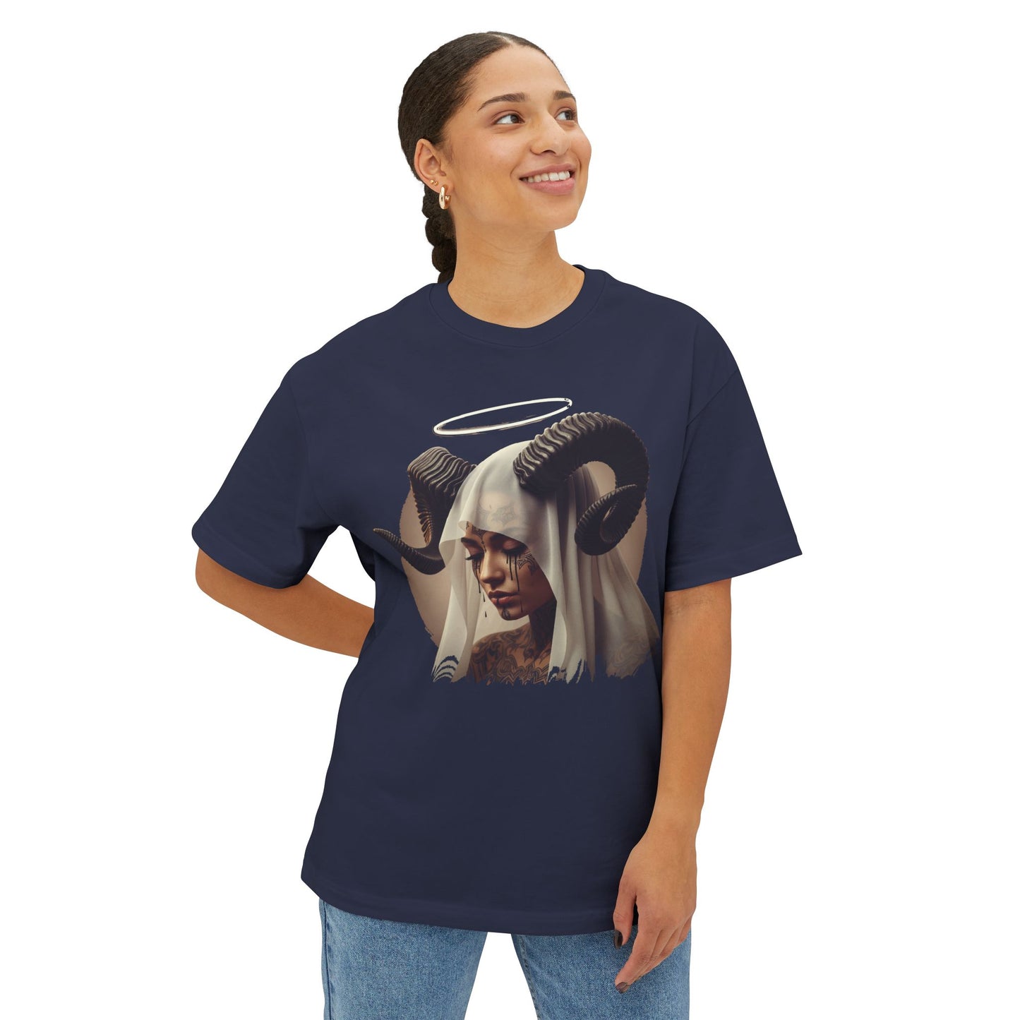 Mystical Ram Graphic Tee, Unisex Oversized Boxy Tee, Statement T-Shirt, Boho Chic Shirt, Art-Inspired Fashion, Comfortable Everyday Wear