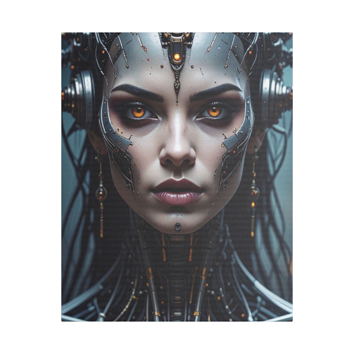 Futuristic Stretched Canvas Art, Cyberpunk Wall Décor, Unique Home Decor, Robot Portrait, Gothic Art Giveaway