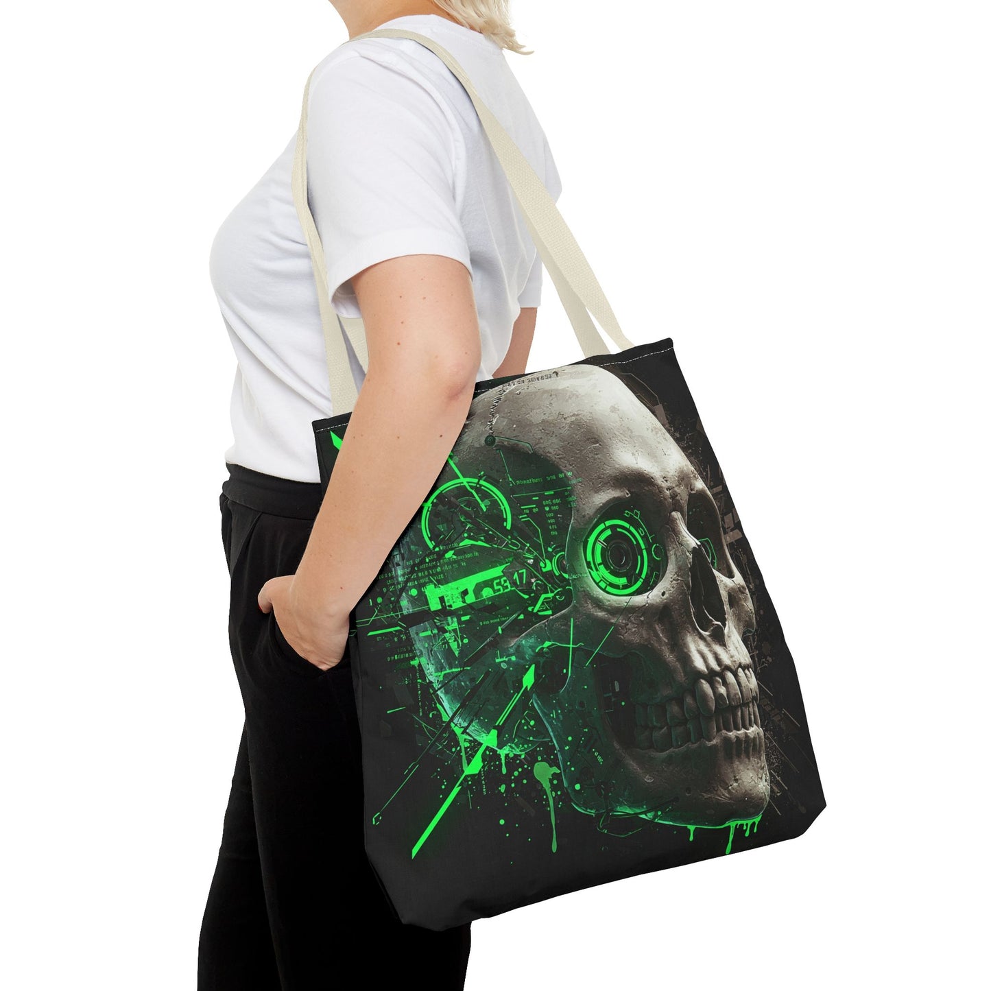 Gothic Skull Tote Bag, AOP Eco-Friendly Reusable Shopper, Dark Aesthetic Gift, Halloween, Cyberpunk Accessories, Stylish Everyday Carry