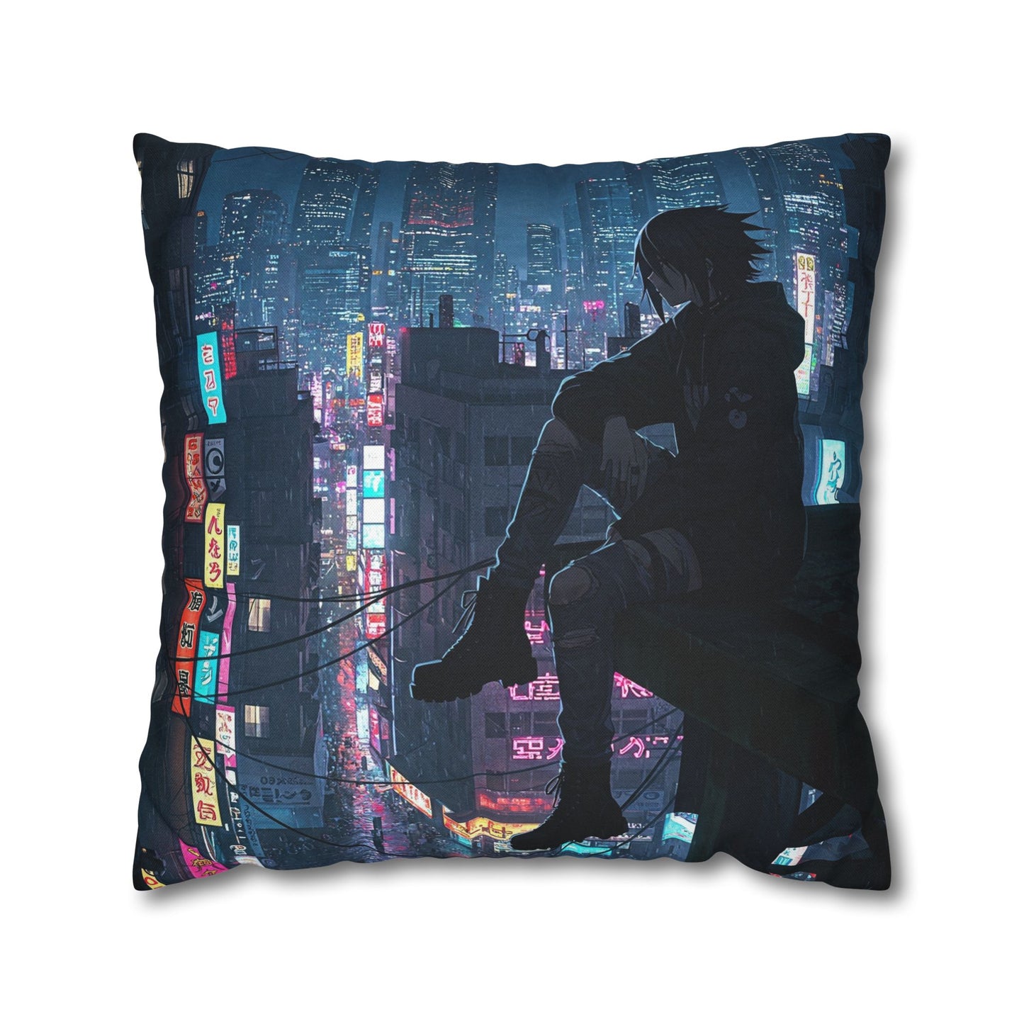 Anime-Inspired Urban Pillowcase, Cozy Home Decor, Nerdy Gift, Bedroom Accent, Cyberpunk Decor, Manga Lover Gift