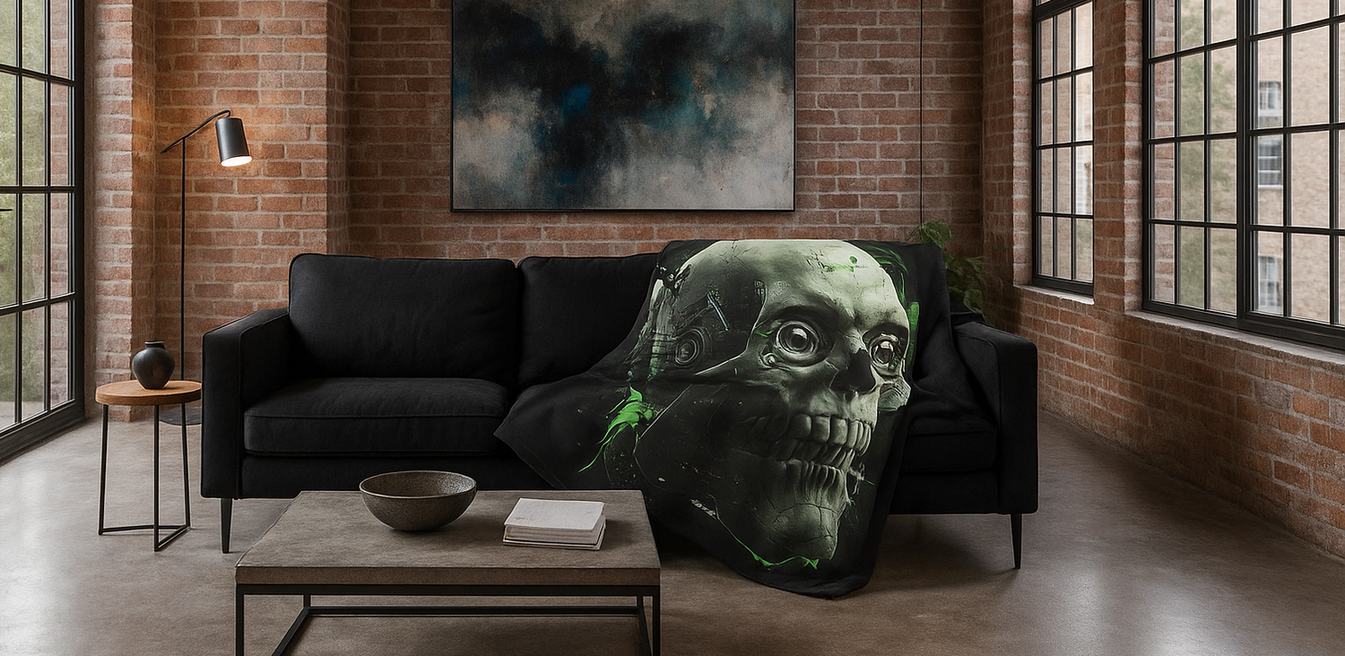 Skull blanket draped organically on a black sofa in an industrial modern loft living room. Features include exposed brick walls, black steel window frames, concrete floors, a striking modern chandelier, and ample natural light from large windows.