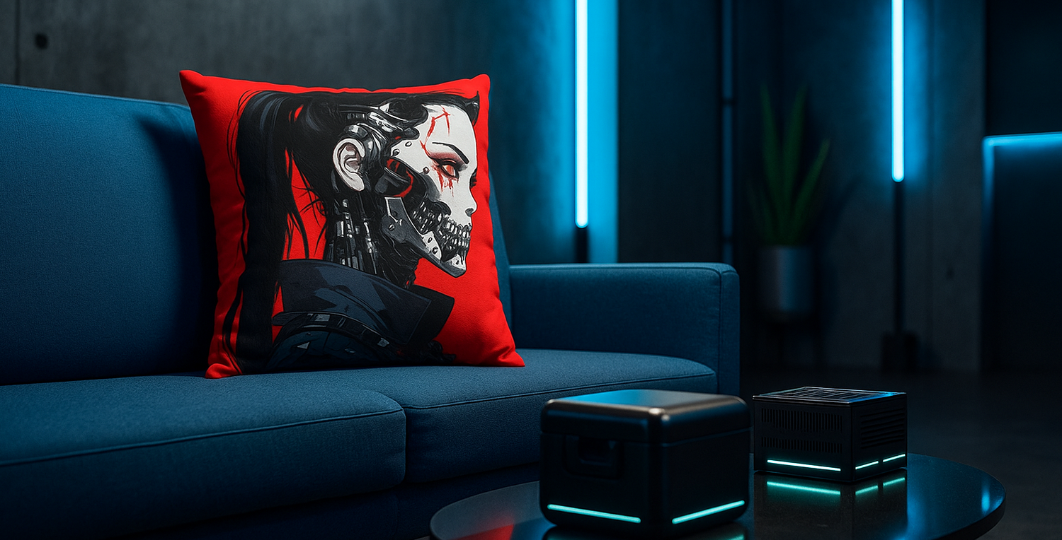 Futuristic living room featuring a cyberpunk design pillow case on a sofa, illuminated by atmospheric modern lighting.
