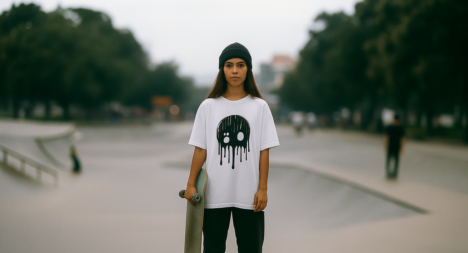 A cool girl on a skateboard showcases a white oversized t-shirt with a futuristic cyberpunk design in a park setting, emphasizing an edgy streetwear aesthetic.
