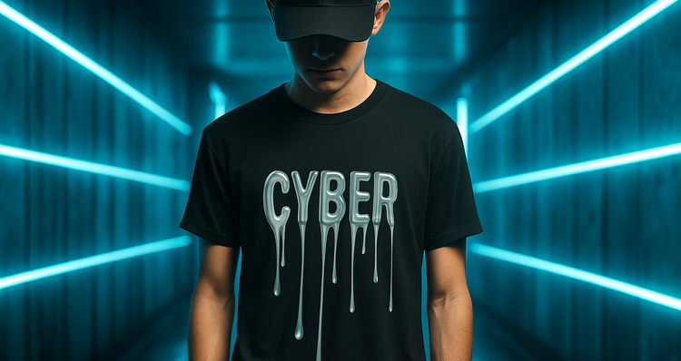 A young man wearing a regular fit t-shirt with cyber text on it in a neon lighted hall
