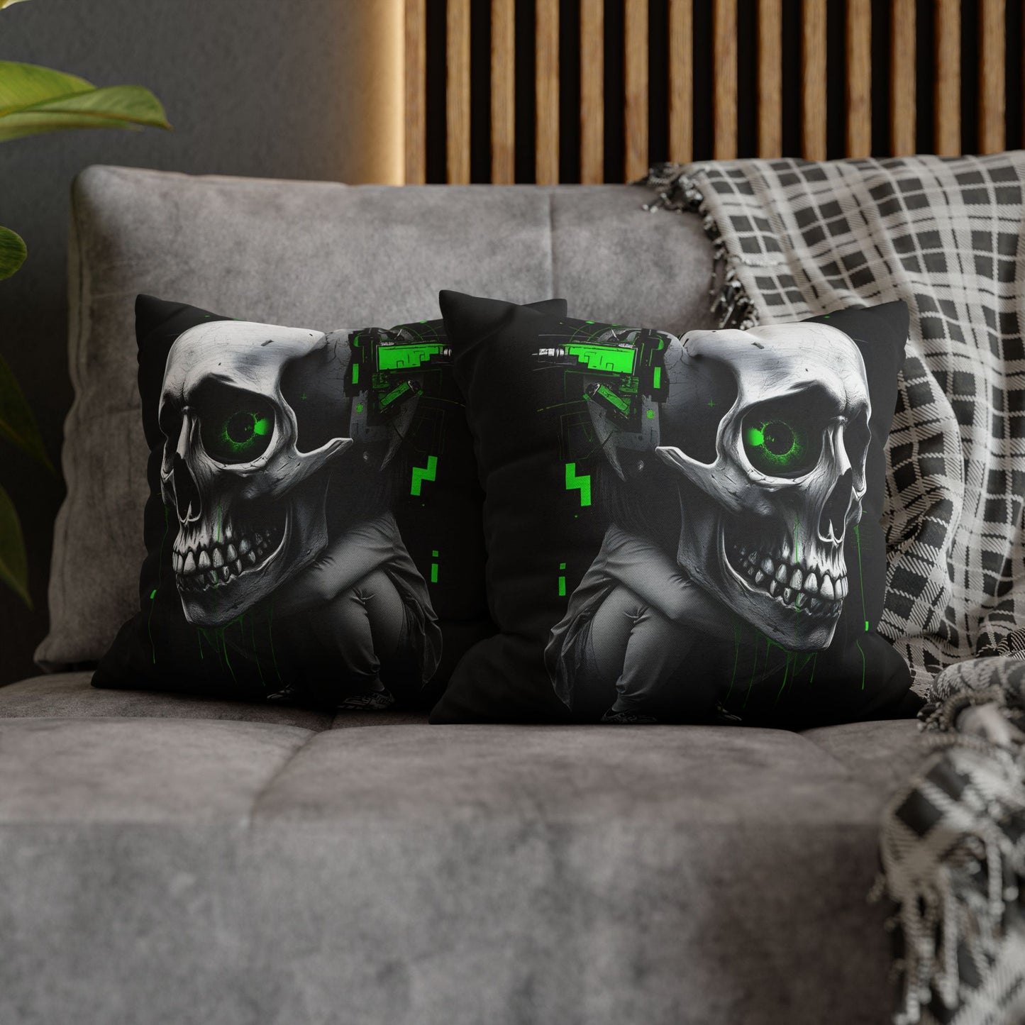 Edgy Skull Pillowcase | Gaming Decor, Modern Home Accent, Halloween Gift, Unique Couch Pillow, Cyberpunk Style