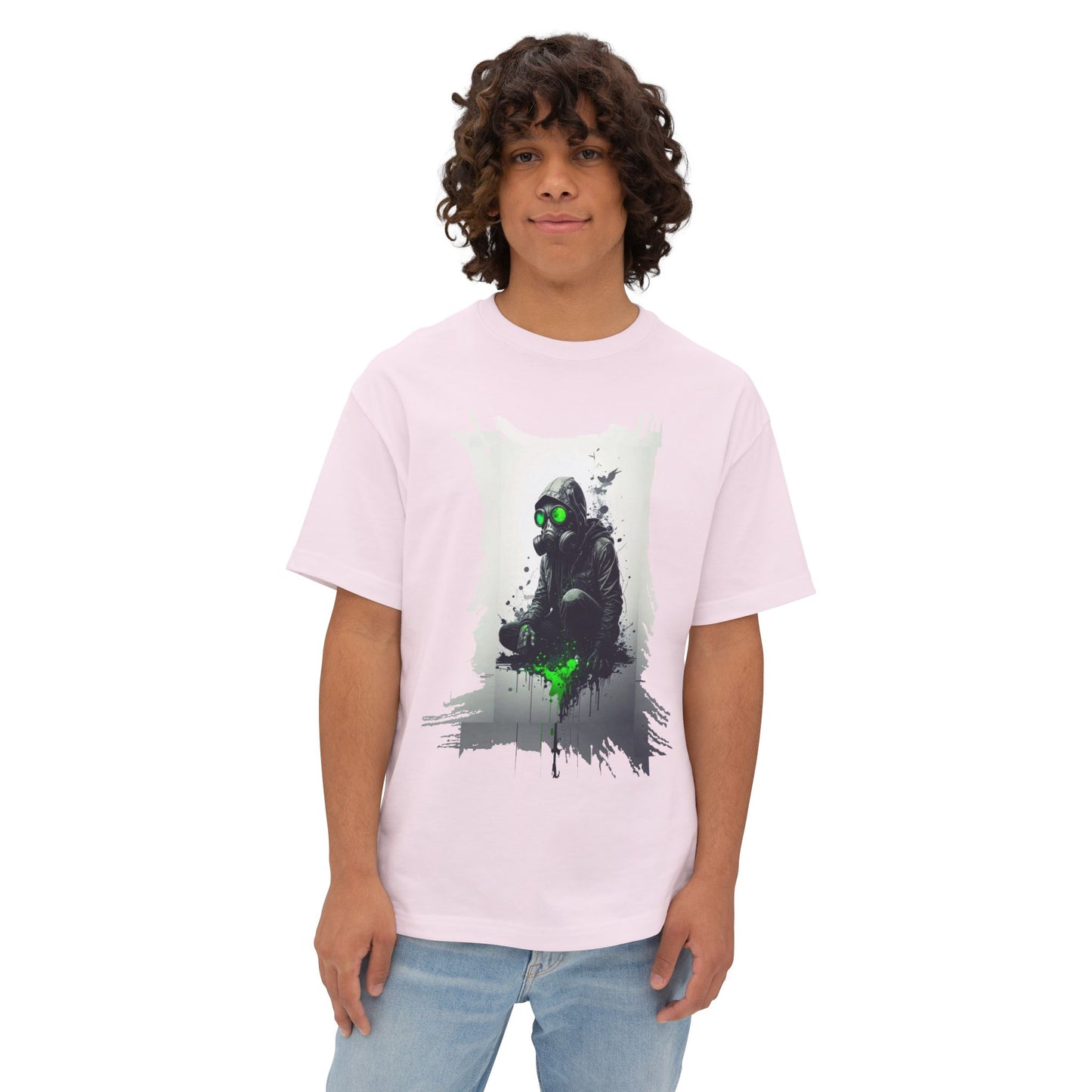 Unisex Oversized Boxy Tee with Unique Green Gas Mask Design, Graphic Tee, Streetwear Fashion, Gift for Gamers, Casual Style
