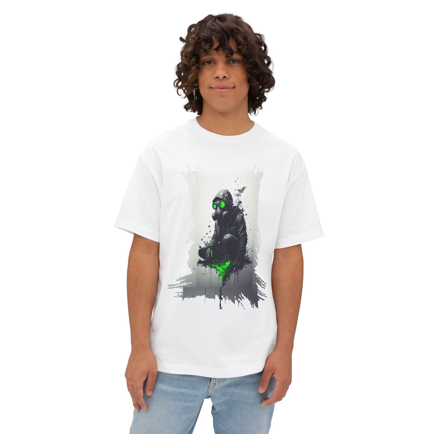 Unisex Oversized Boxy Tee with Unique Green Gas Mask Design, Graphic Tee, Streetwear Fashion, Gift for Gamers, Casual Style