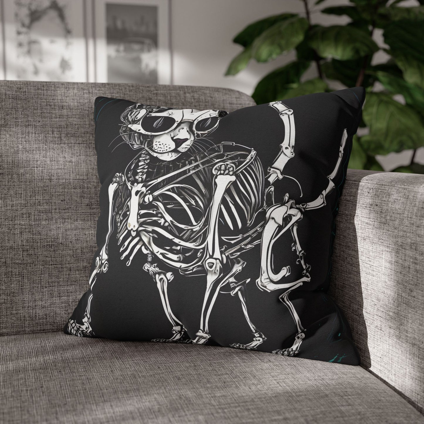 Square Pillowcase with Edgy Skeleton Cat Design