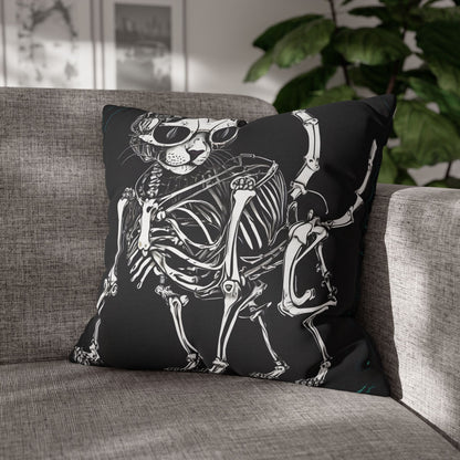 Square Pillowcase with Edgy Skeleton Cat Design