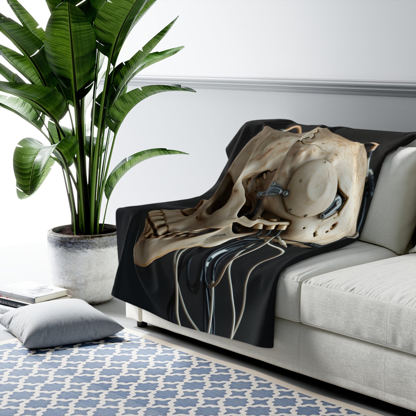 Sherpa Fleece Blanket with Futuristic Cyber Skull Design