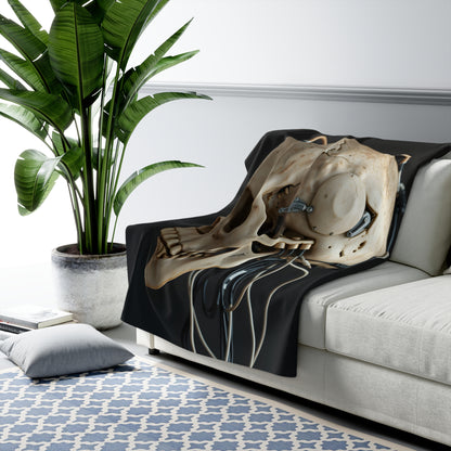 Sherpa Fleece Blanket with Futuristic Cyber Skull Design