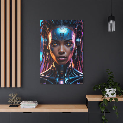 Satin Canvas Wall Art, Futuristic Female Portrait, Sci-Fi Decor, Cyberpunk Artwork, Geek Home Decor, Gift for Tech Lovers