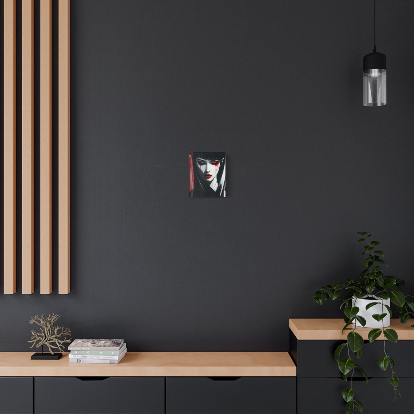 Japanese Art Canvas, Stretched Wall Art, Modern Home Decor, Red and Black Portrait, Unique Gift for Art Lovers, Asian Aesthetic